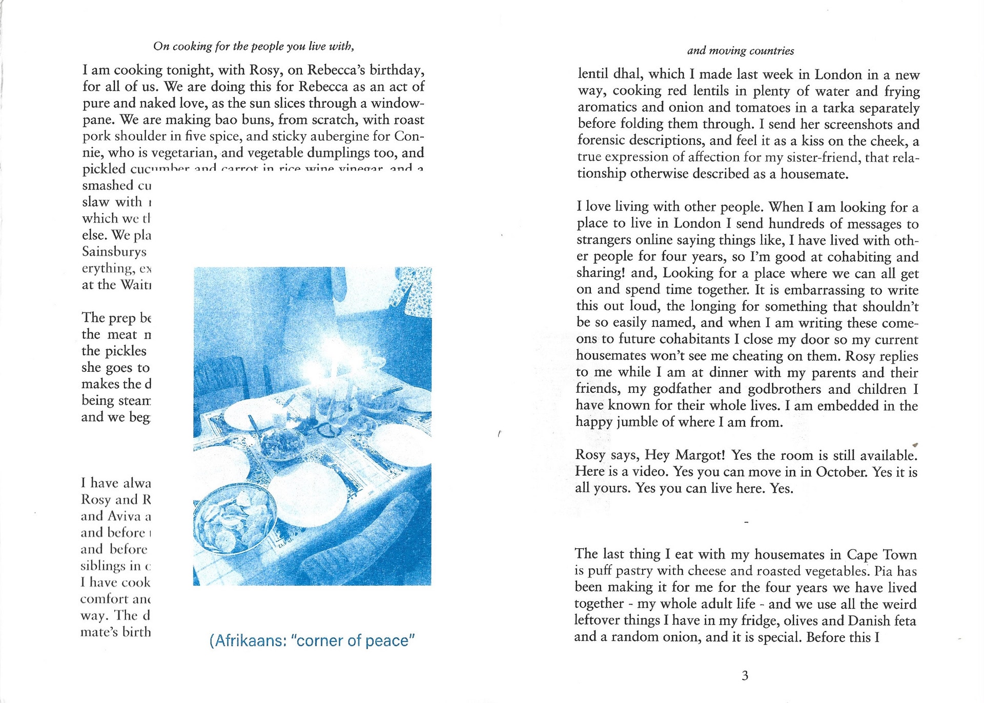 A page from a scan of a zine with a smaller blue image on the left hand side. 