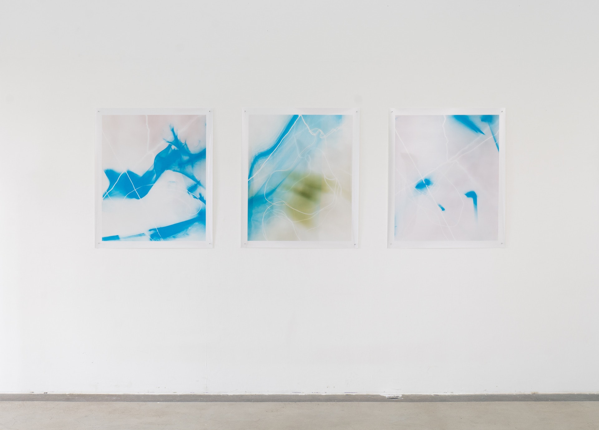 A installation of a triptych, featuring three abstract pink, green and blue photograms