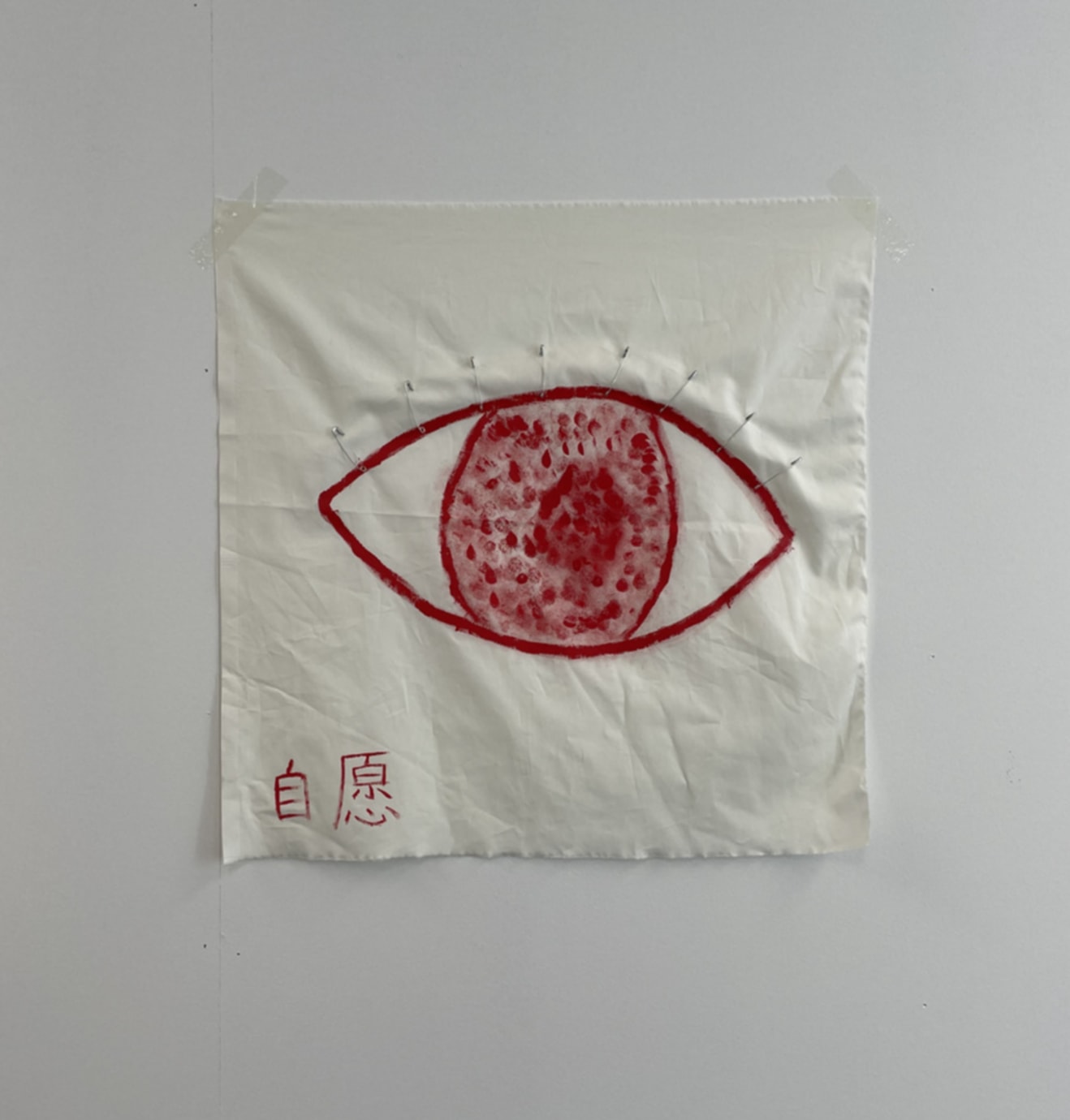 this is a photo of one of my work, showing a red eye caged by pins and Chinese character "自愿"