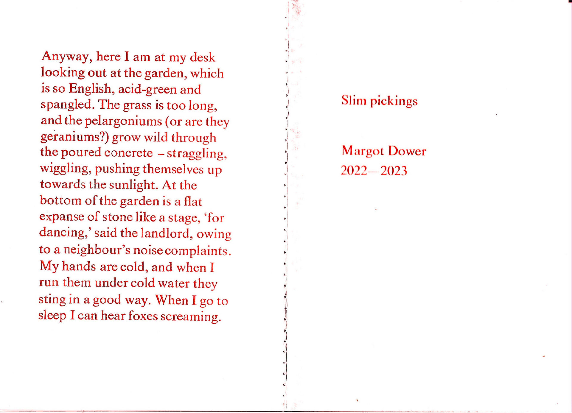 A page from a scan of the book Slim Pickings, printed in orange ink with letterpress. 