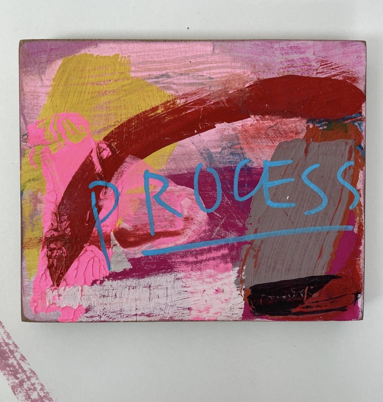 Process: Is It Enough, oil, acrylic, marker pen on wood, 16x18cm, 2022