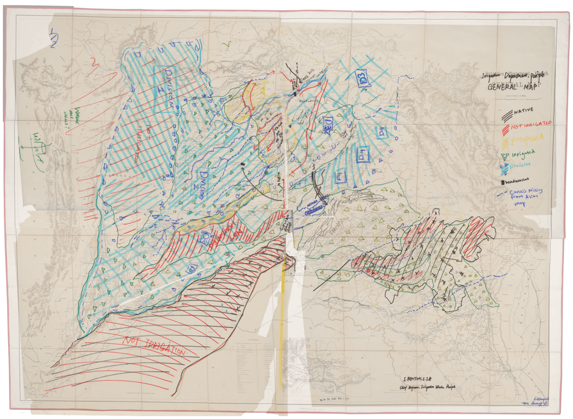 Collaborative drawing over a reproduction of an Benton's Triple Canal Project Masterplan, 1906