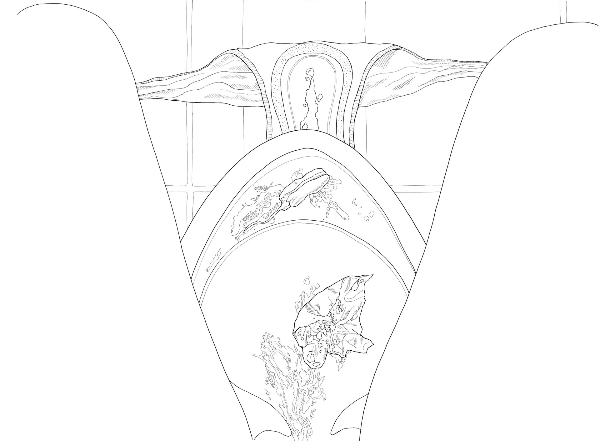 Illustration of the ribbed toilet holding a used tampon 