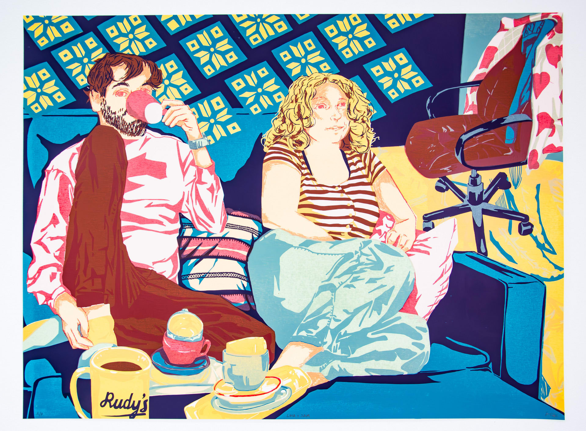 A portrait of a couple sitting on a sofa in a colourful abstracted space, surrounded by their objects.