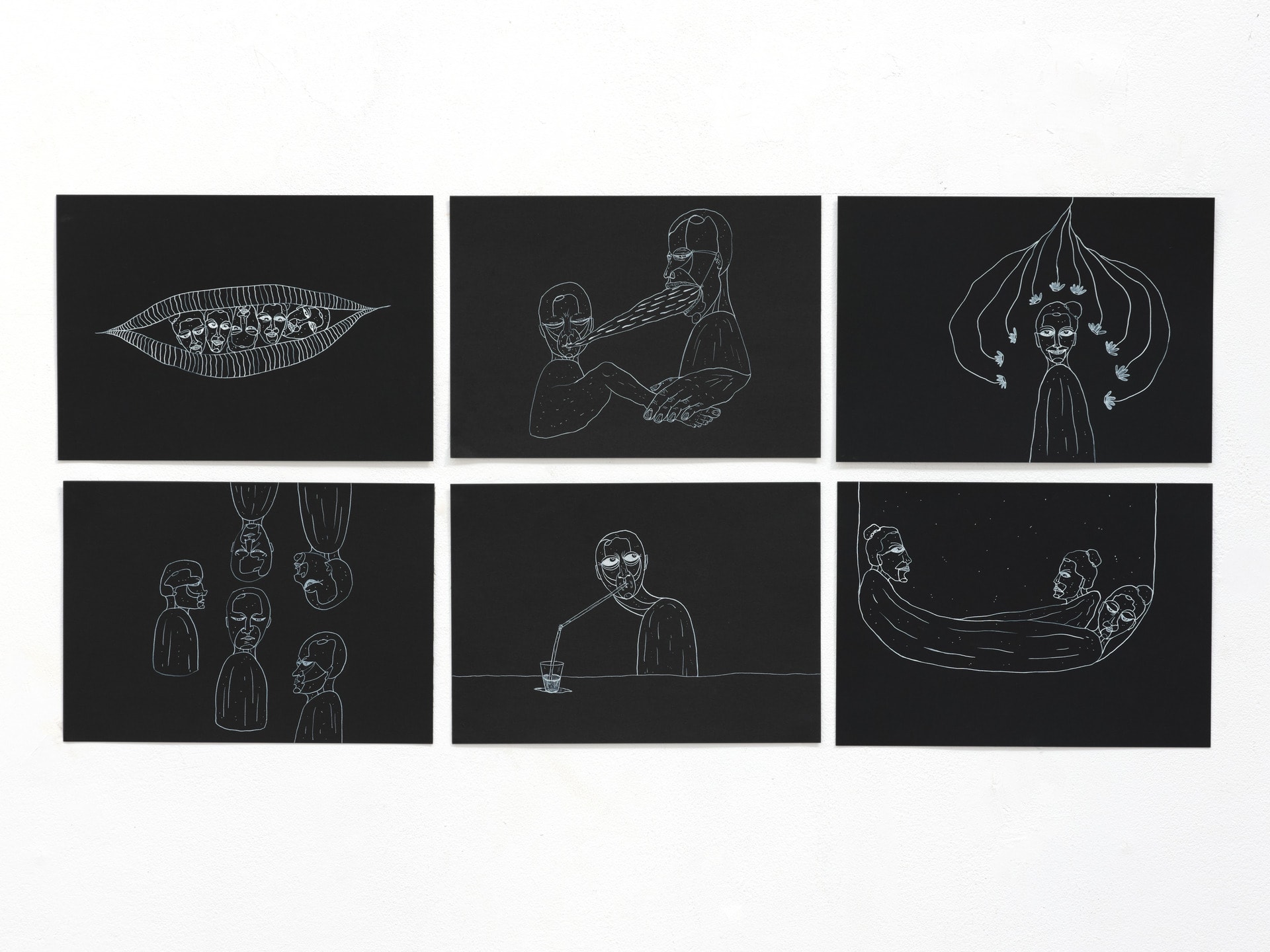 six drawings of figures in different compositions, white ink on black paper