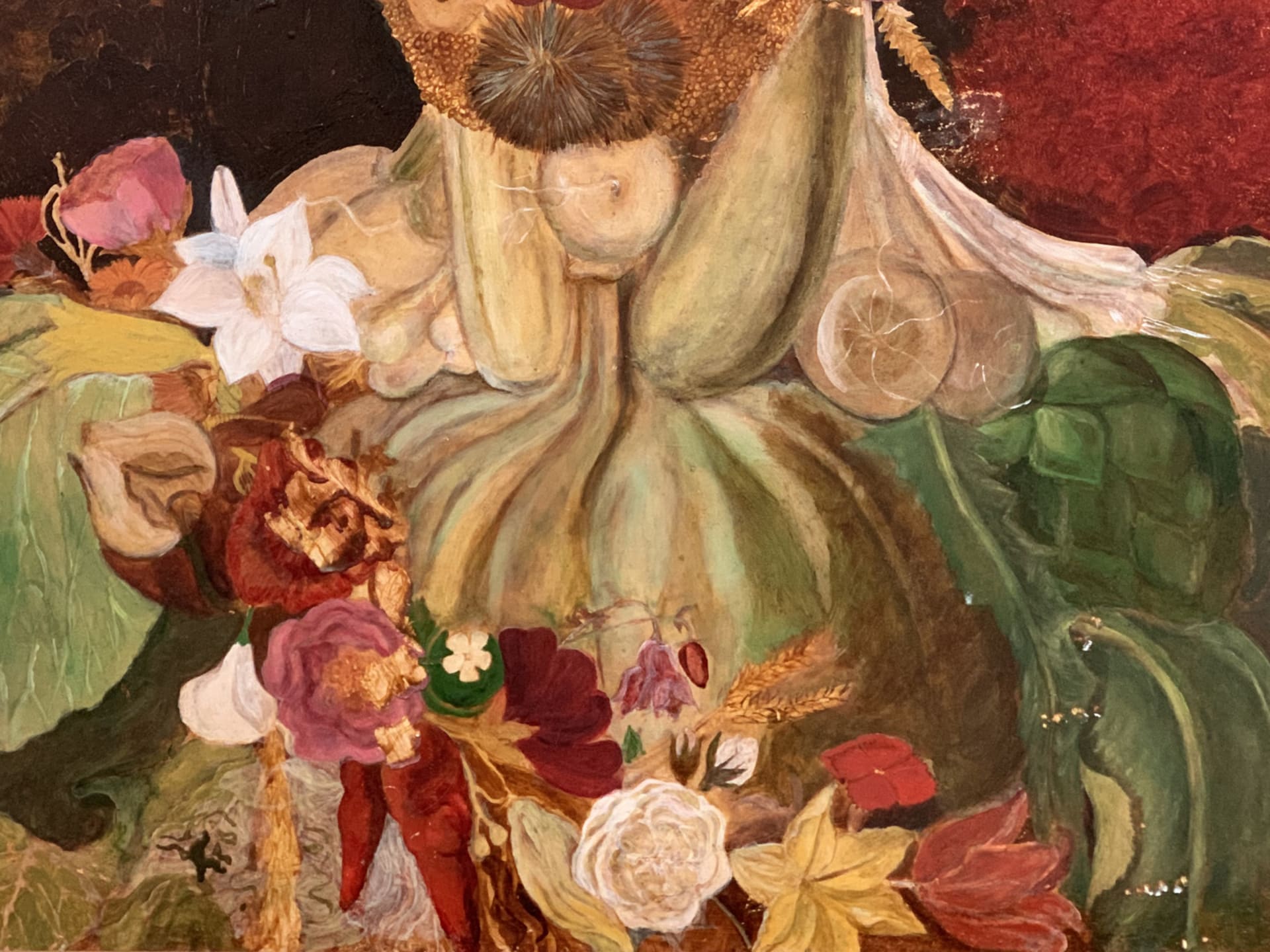 a composite painting of a person with flowers, fruits, vegetables, nuts and grains