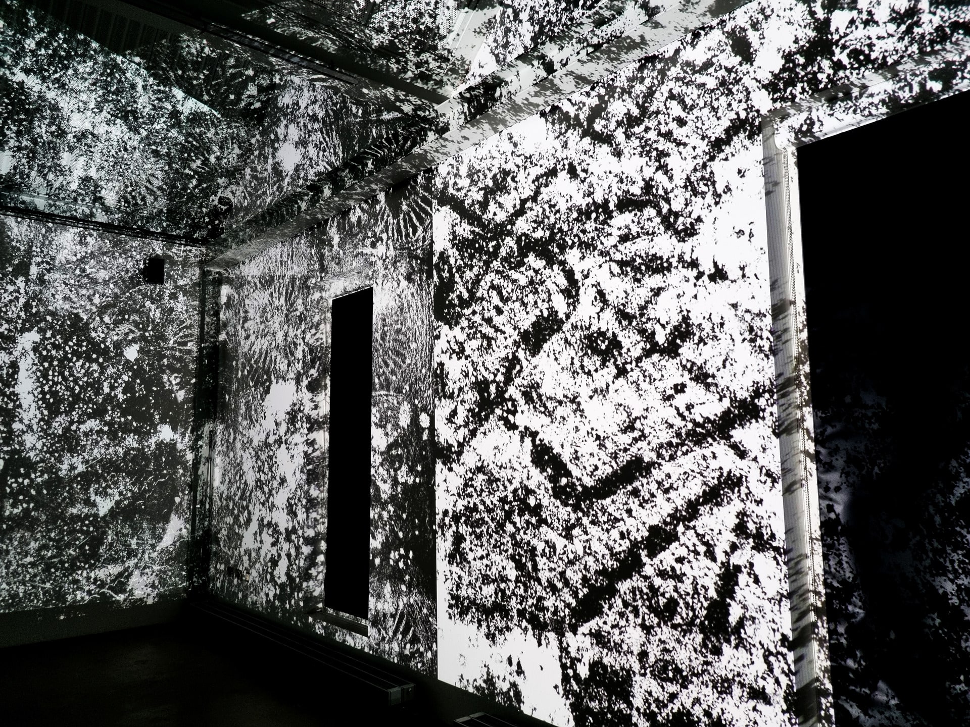 dark room covered with black and white abstract projections