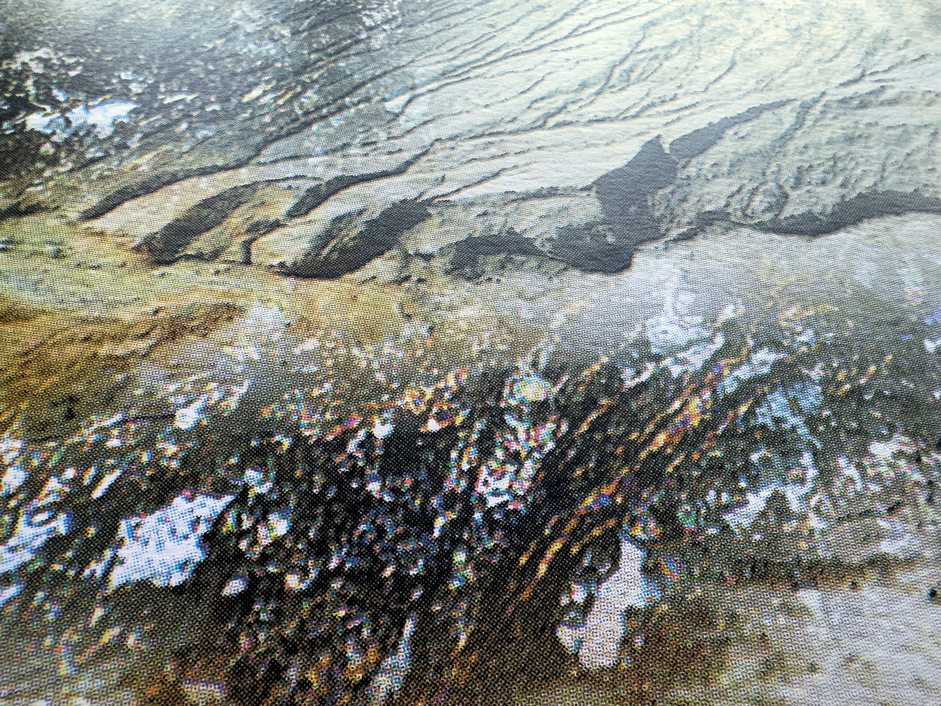 Detail of screen print on paper depicting microscopic and satellite imagery of a landscape at an open pit mine.