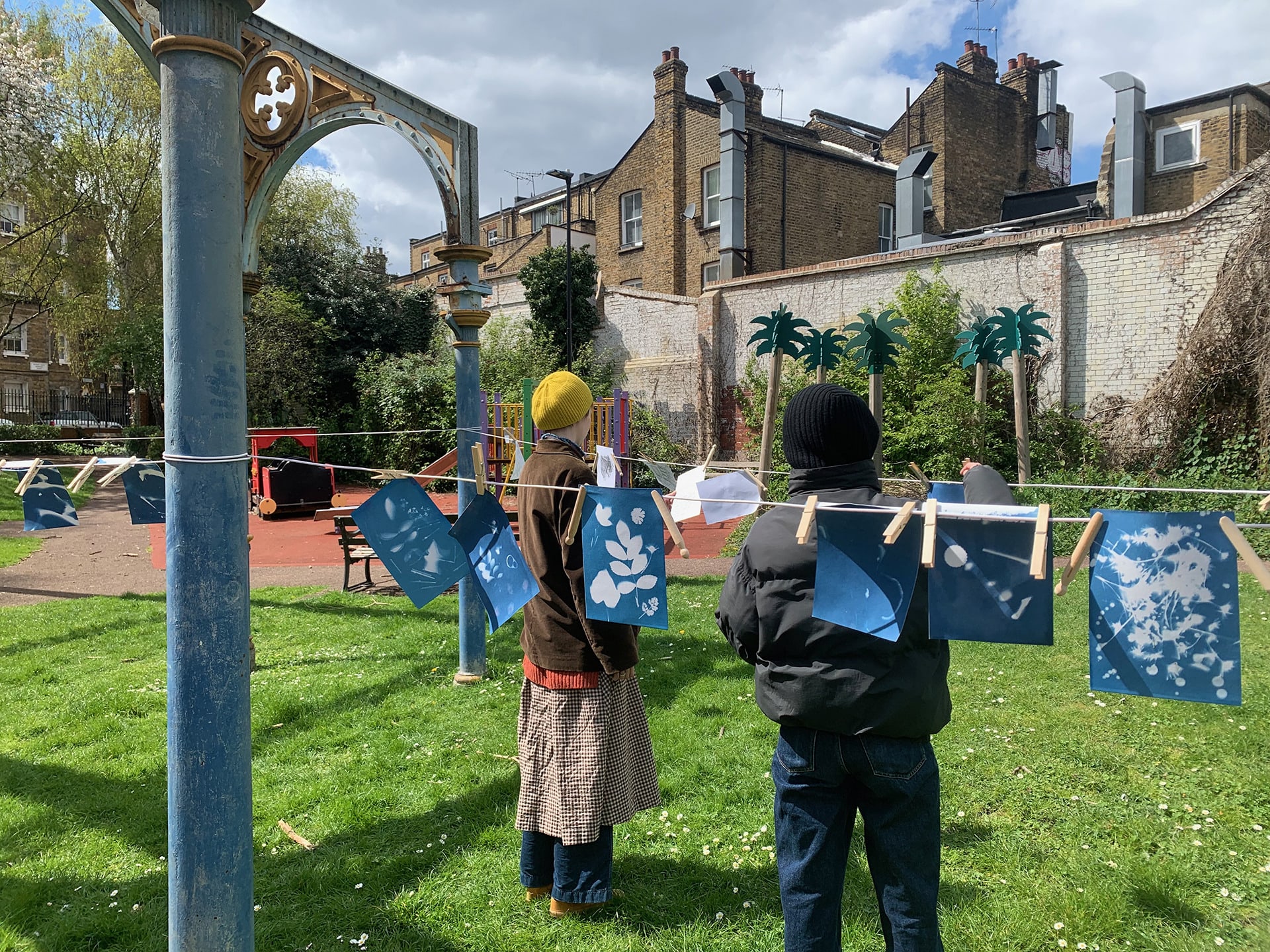 We hang all our cyanotype experimentation on a washing line from the Victorian structure.