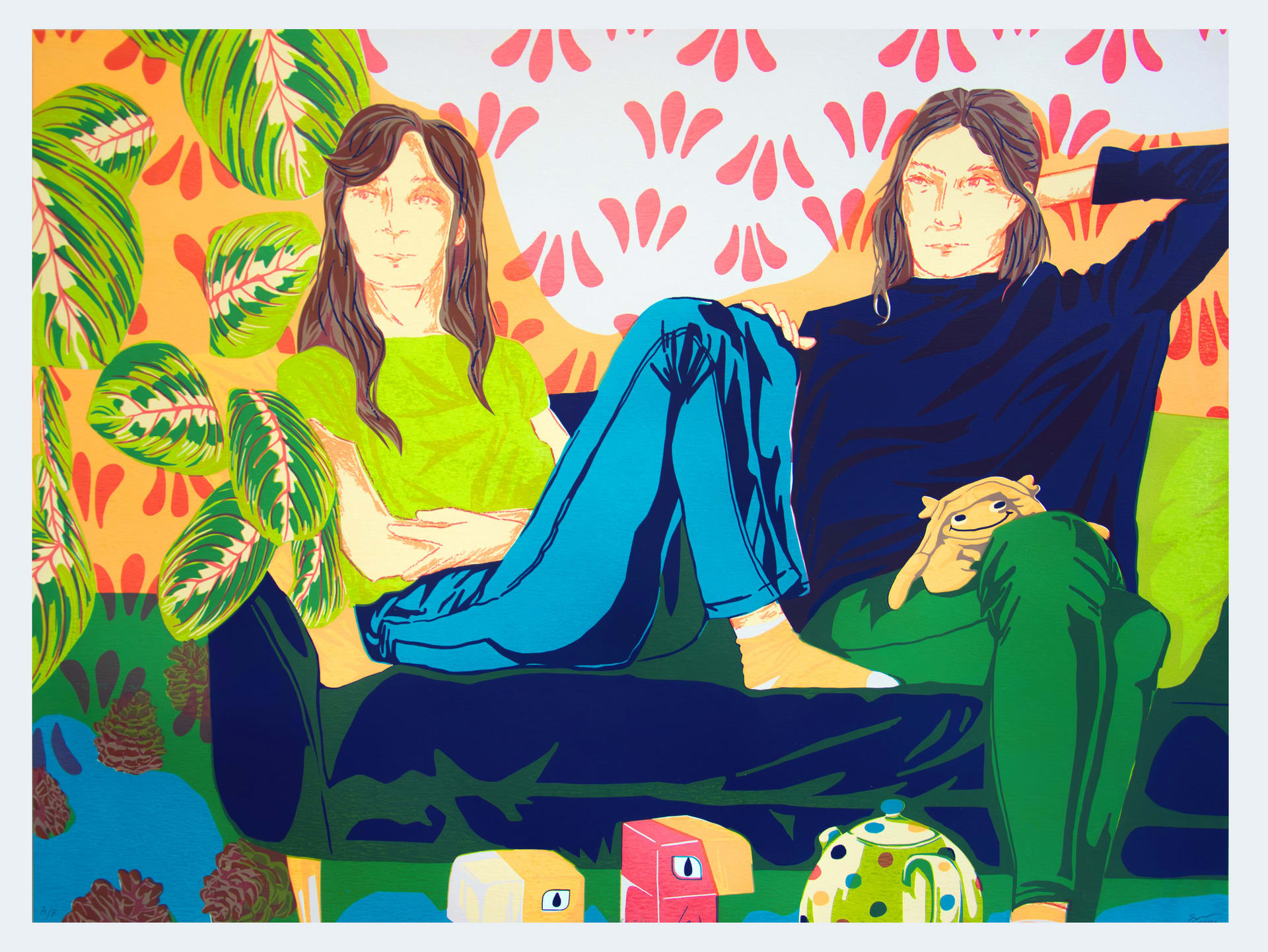 A portrait of a couple sitting on a sofa in a colourful abstracted space, surrounded by their objects.