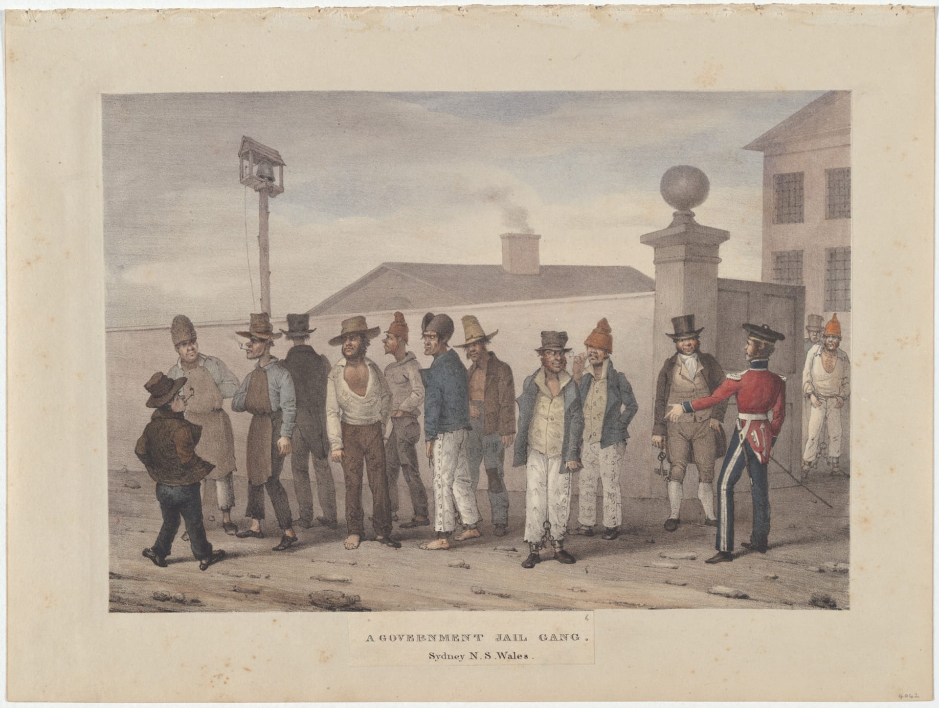 Lithograph of showing around a dozen prisoners, a solider and a guard outside a prison in colonial Sydney.