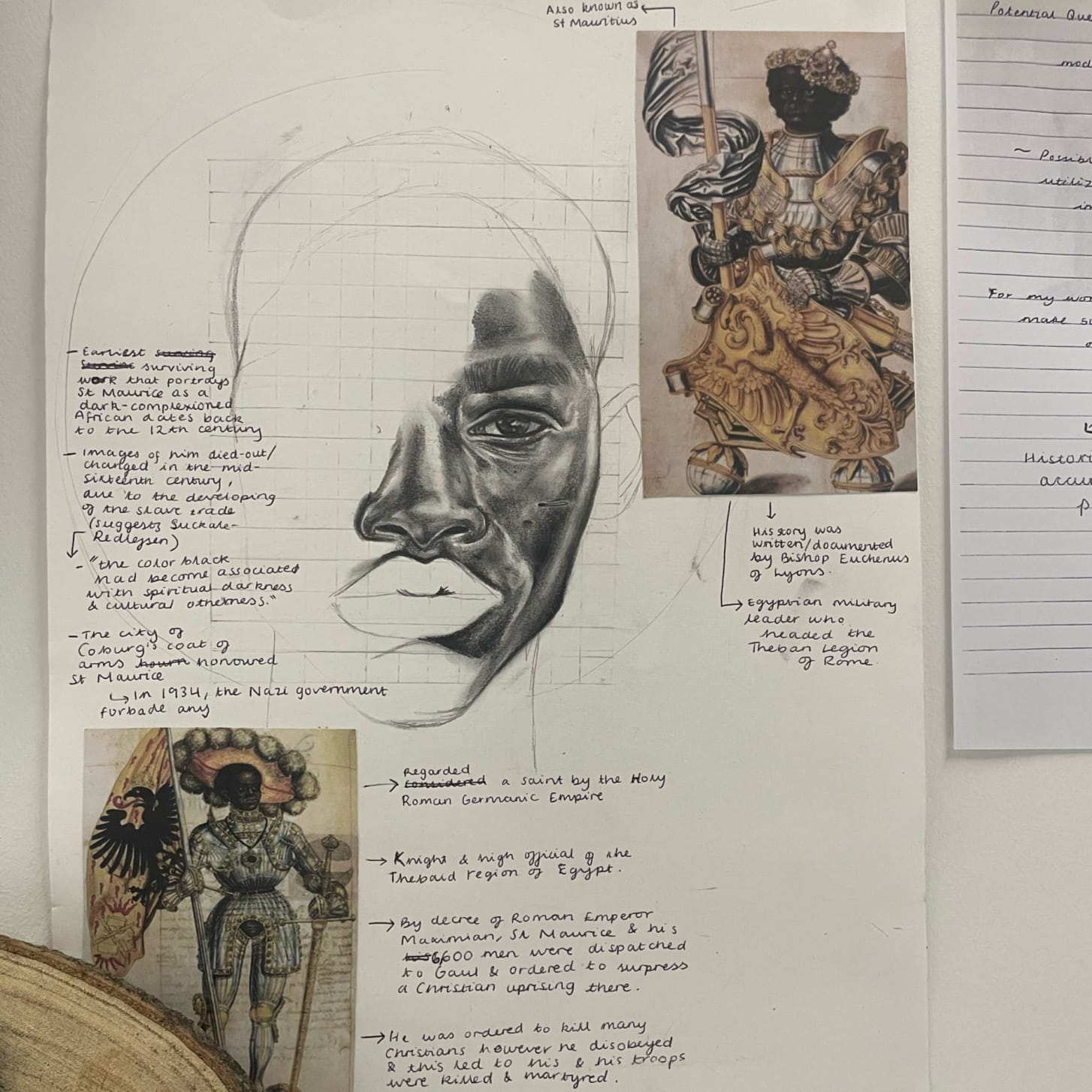 Visual Research on St Maurice, with portrait study and notes