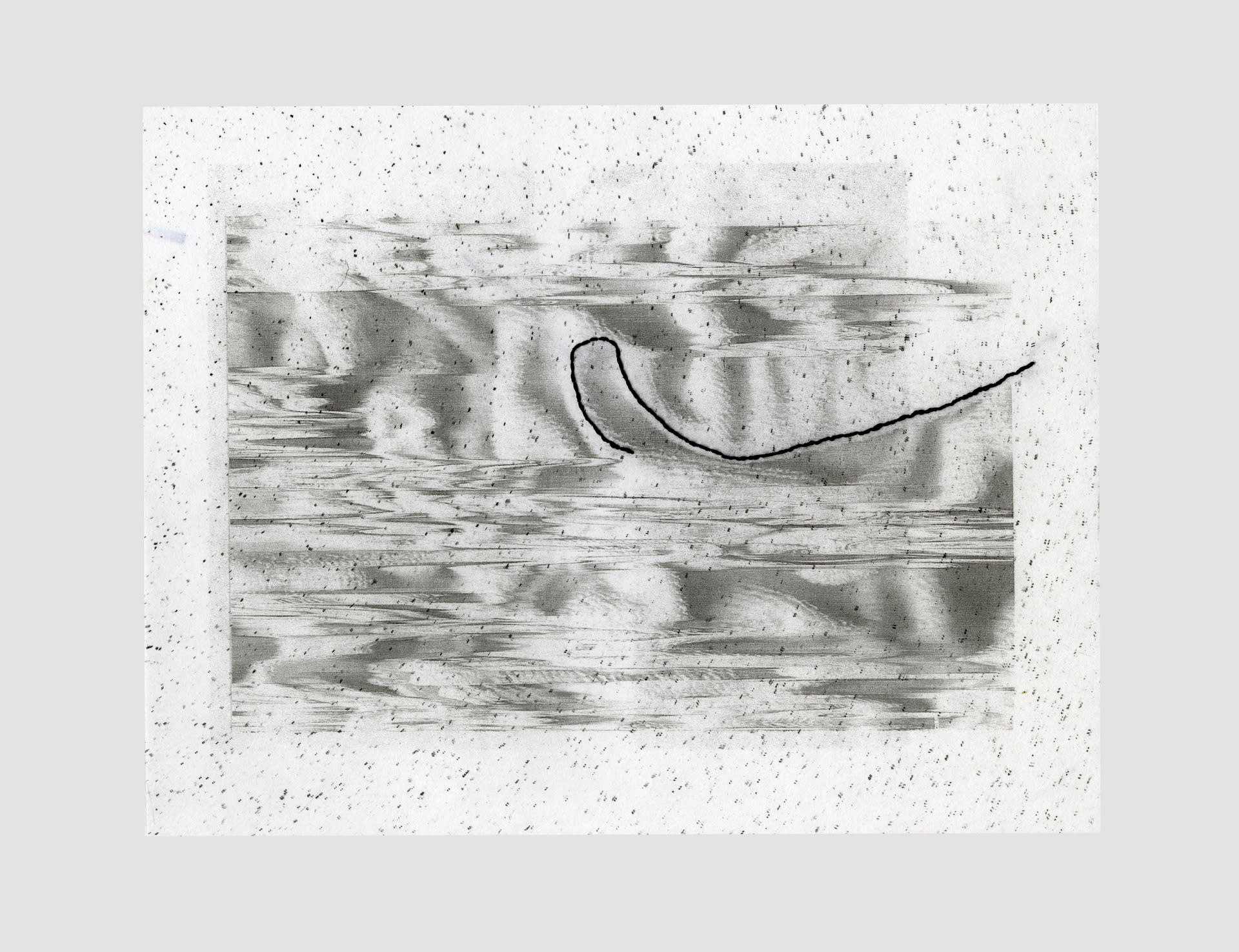 A glitched black and white scan of fabric on dotted paper. A black , curved stitched line runs across the right side of the work