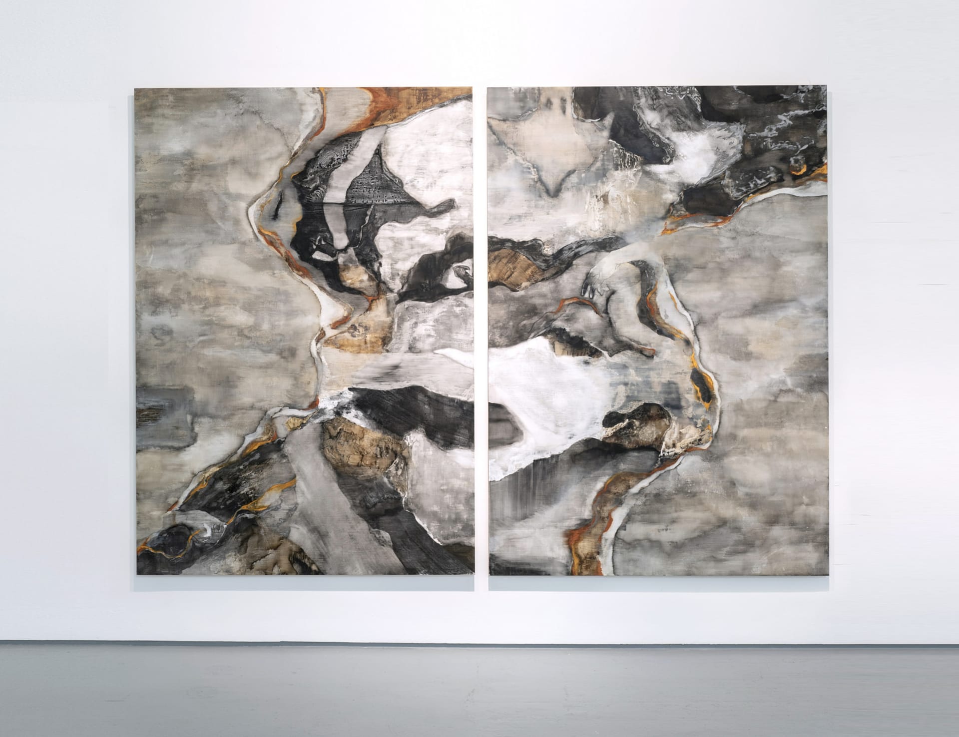 painting of two land masses tearing apart in earthy browns black white orange