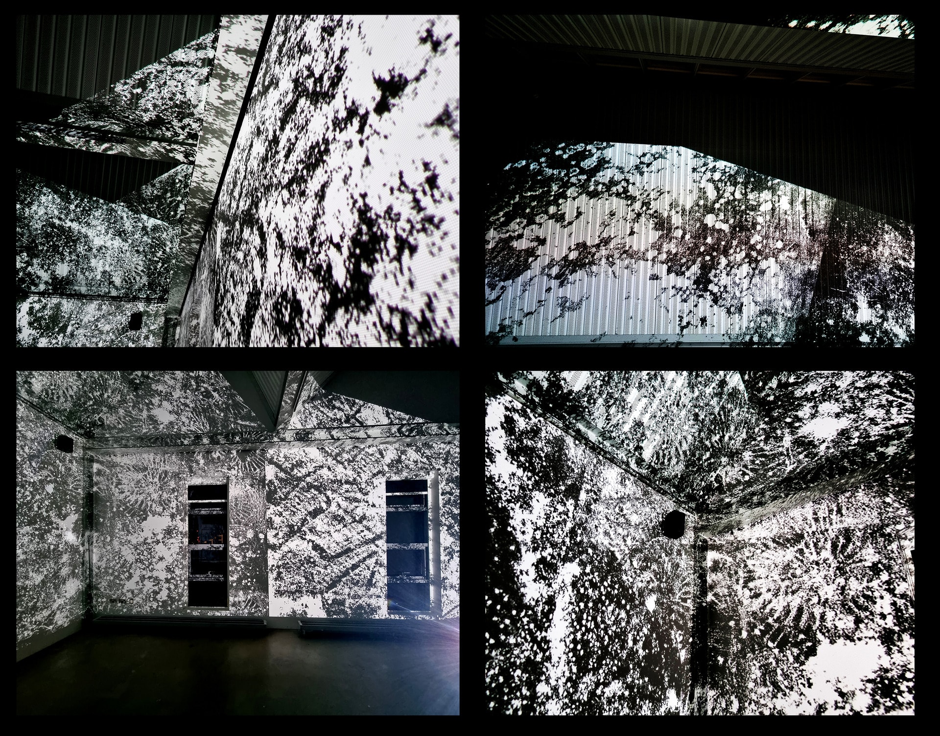 set of four black and white images showing a room covered with black and white abstract projections