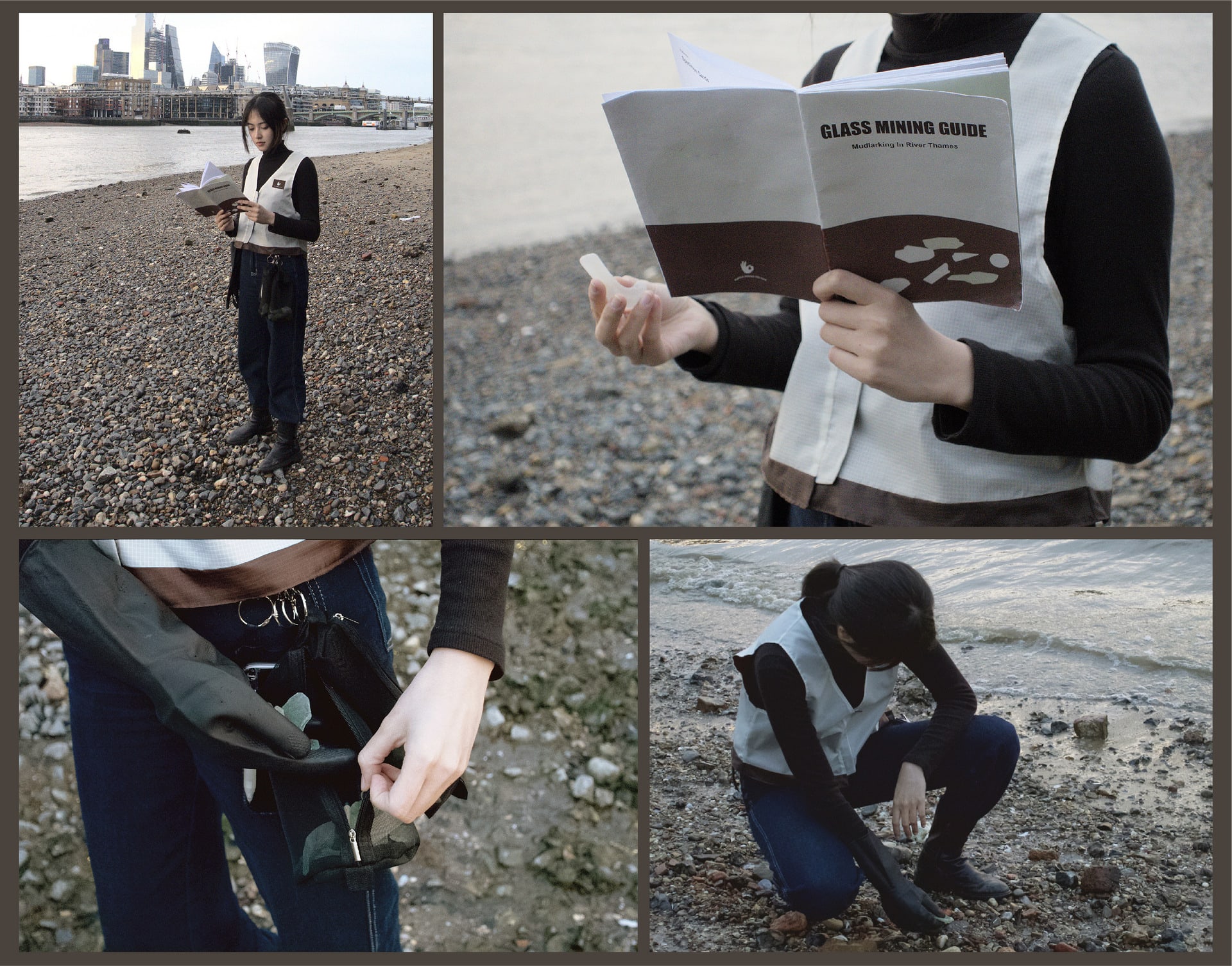 Glass miner in uniform, using tools and guidebook.