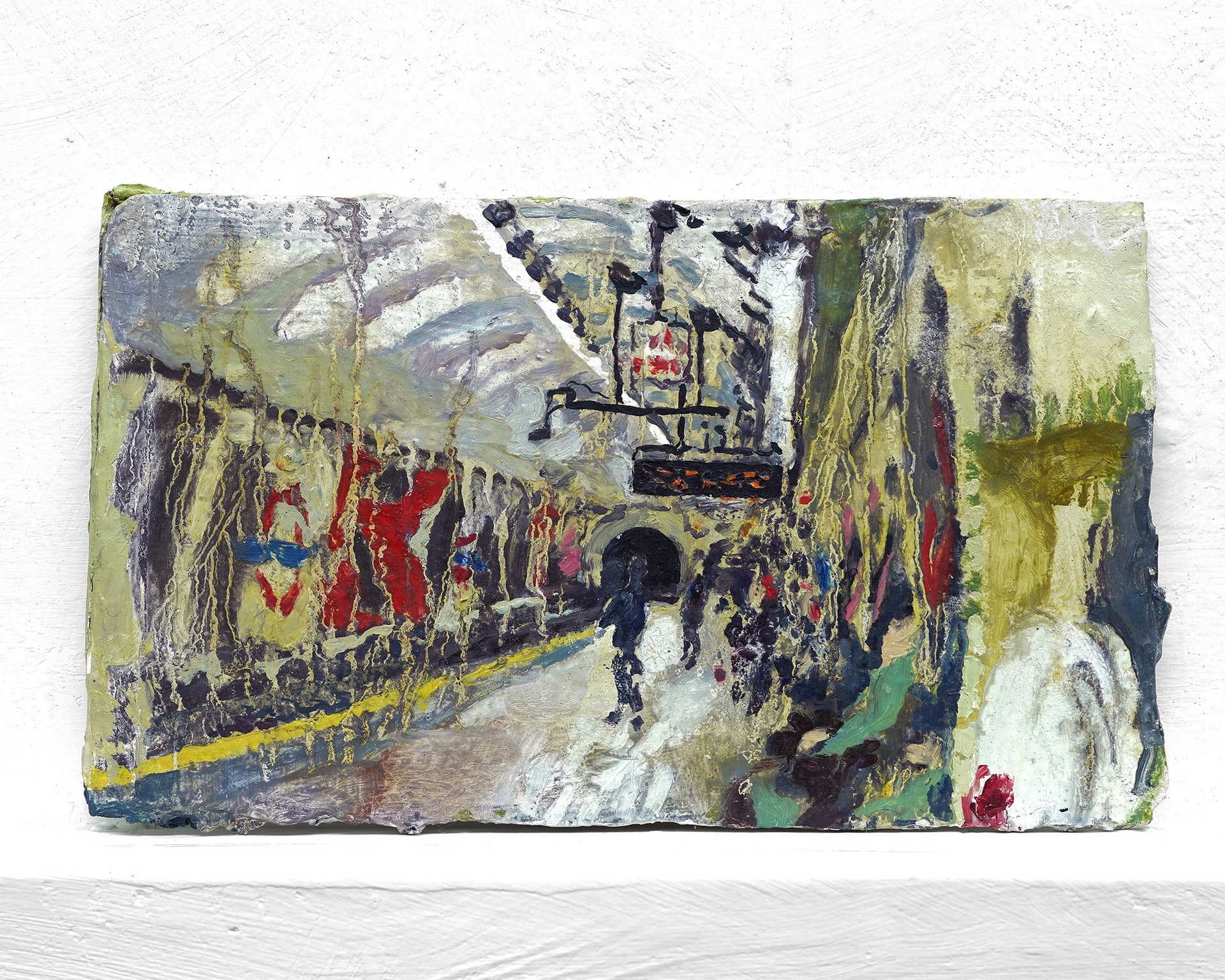 Melted drippy painting depicting undderground train platform landscape