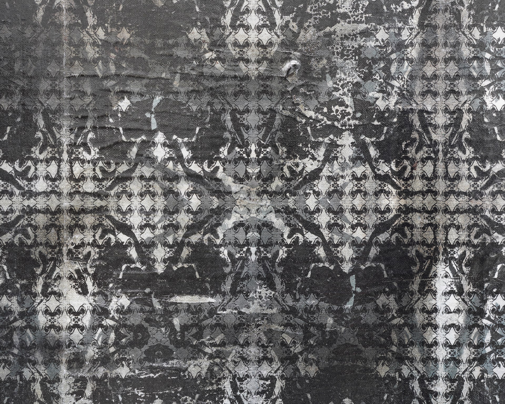 An intricate monochromatic patterned grid layered on an irregular acrylic ground.