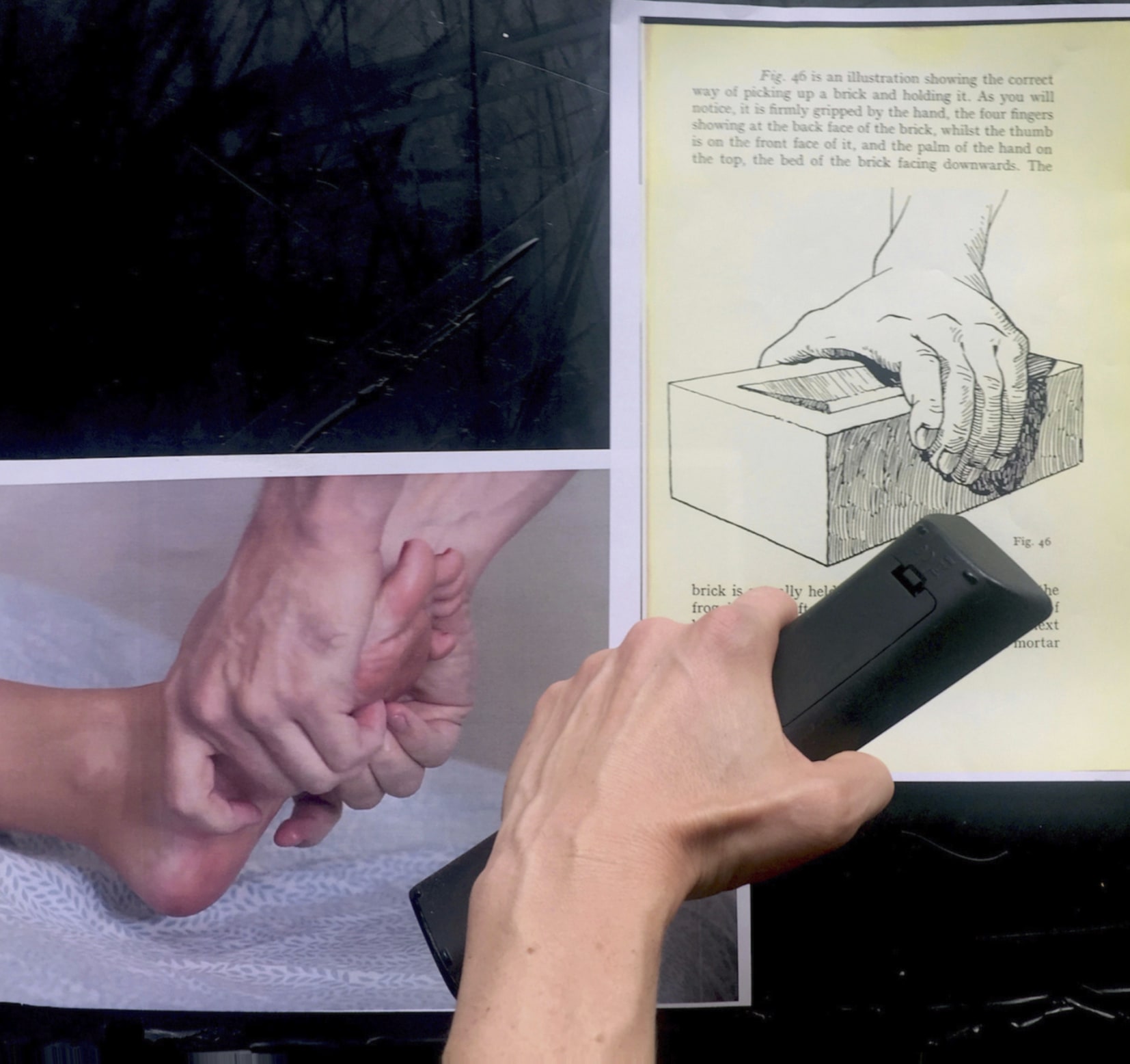 a photographic collage showing a hand holding a phone, a foot massage and a hand grasping a brick