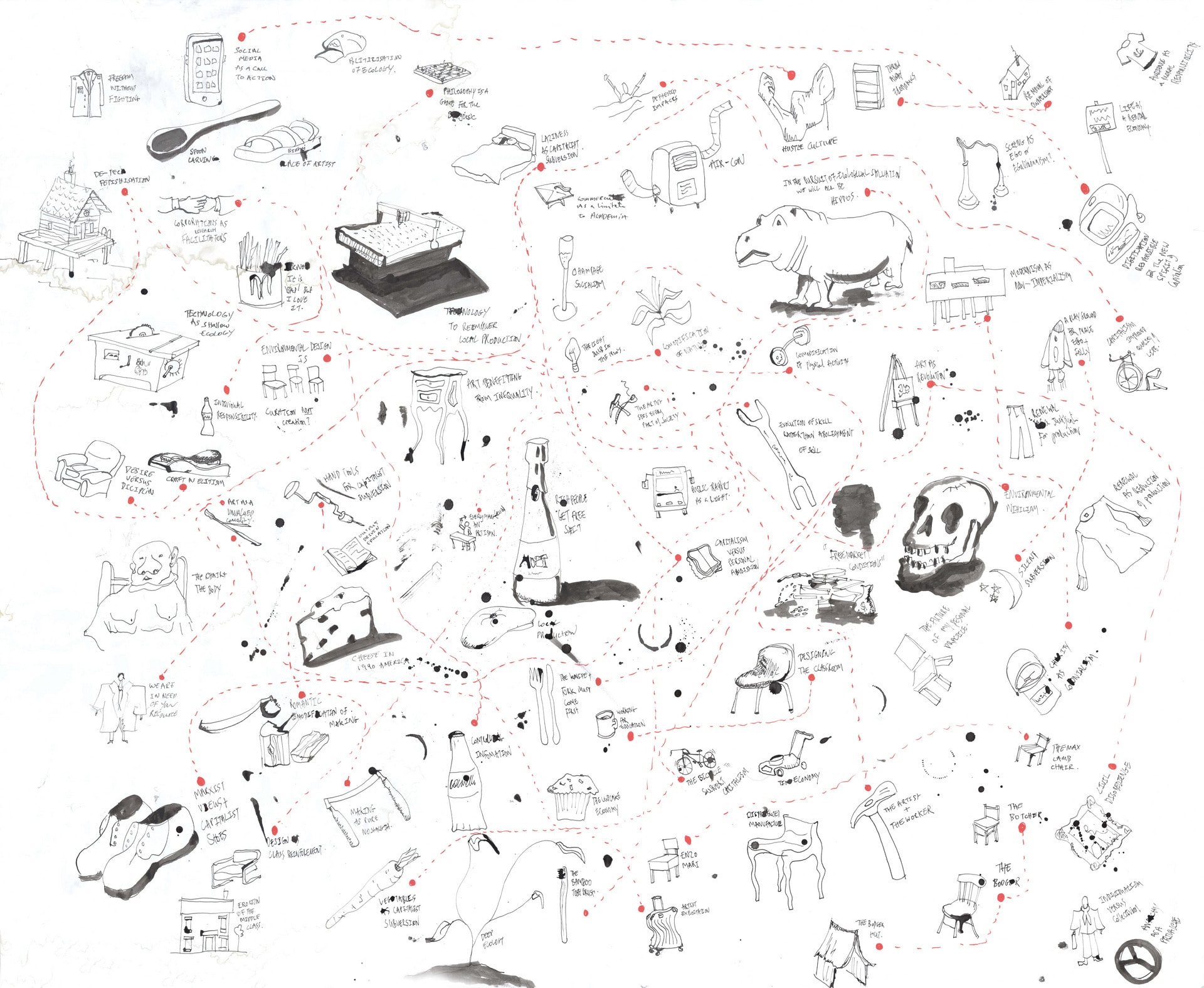 Ink drawn map with various objects