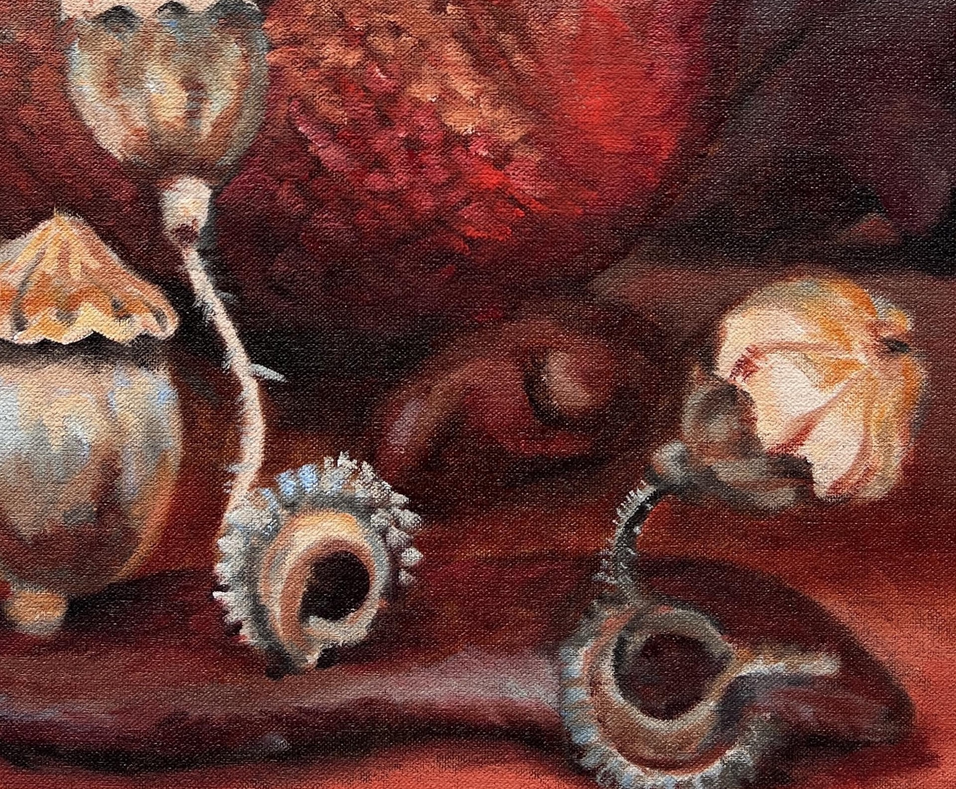 still life painting a pomegranate, poppy pods and nettle, close up