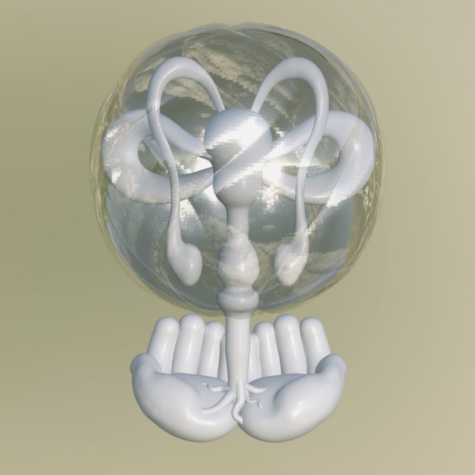 Pair of hands hold the stem of a plant that flowers into a human/plant hybrid reproductive system, held in a transparent sphere.