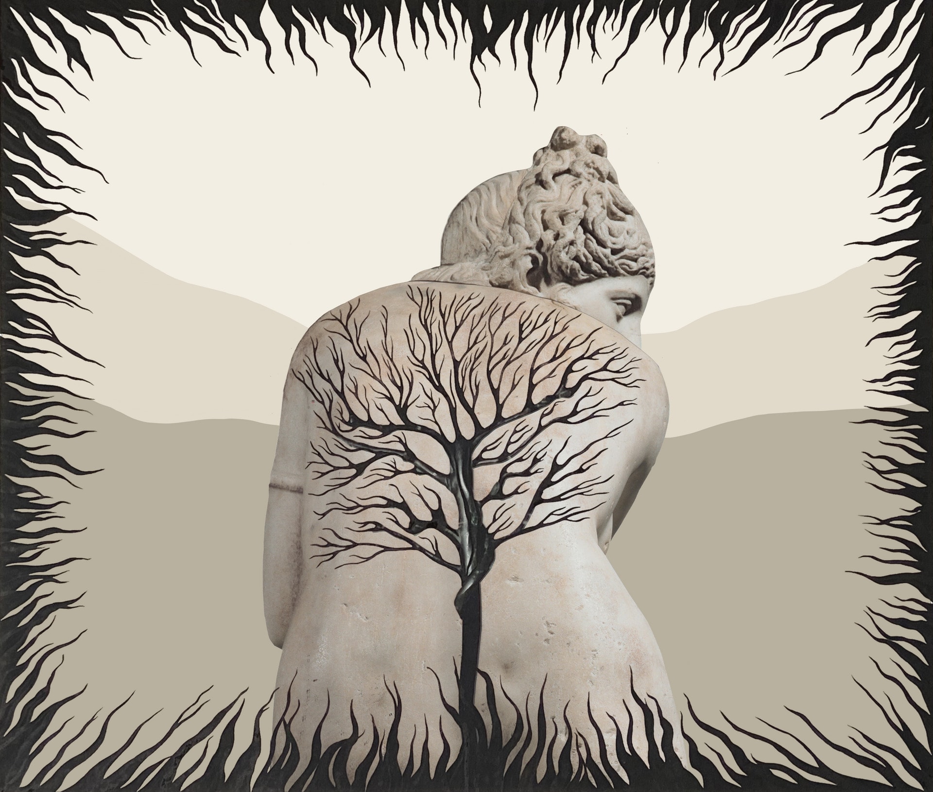 A statue looking over her shoulder, with a tree growing up her back, surrounded by dark tendrils