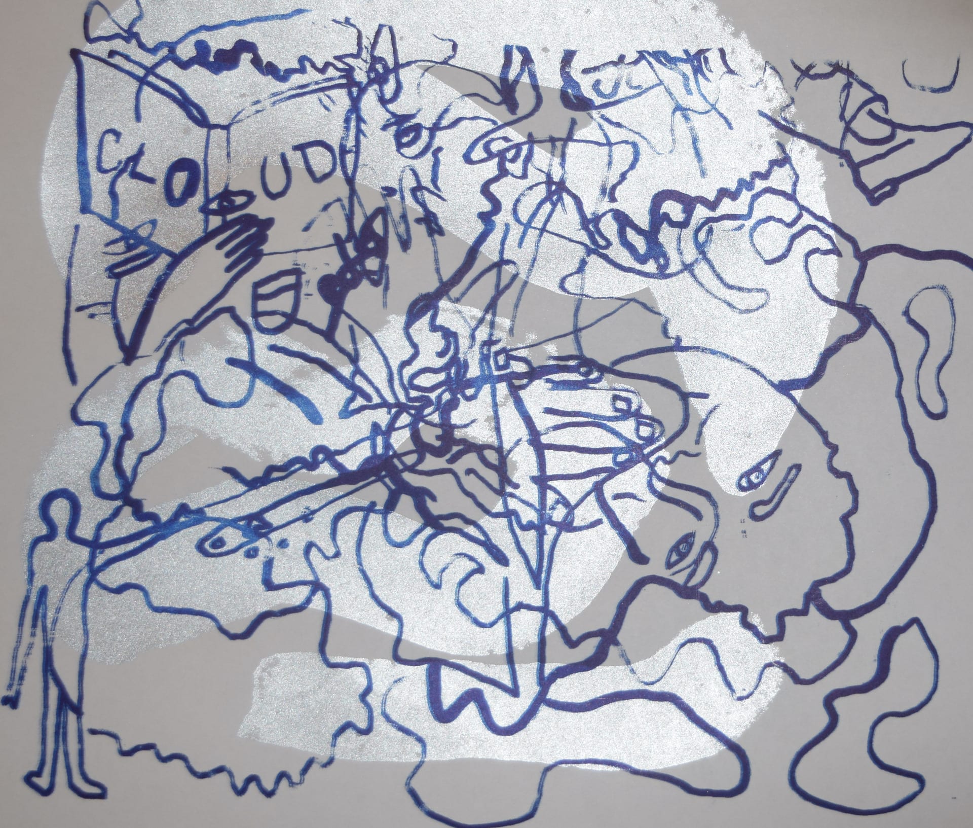 Grey paper, navy blue outlines, silver cloud. Screen-print.