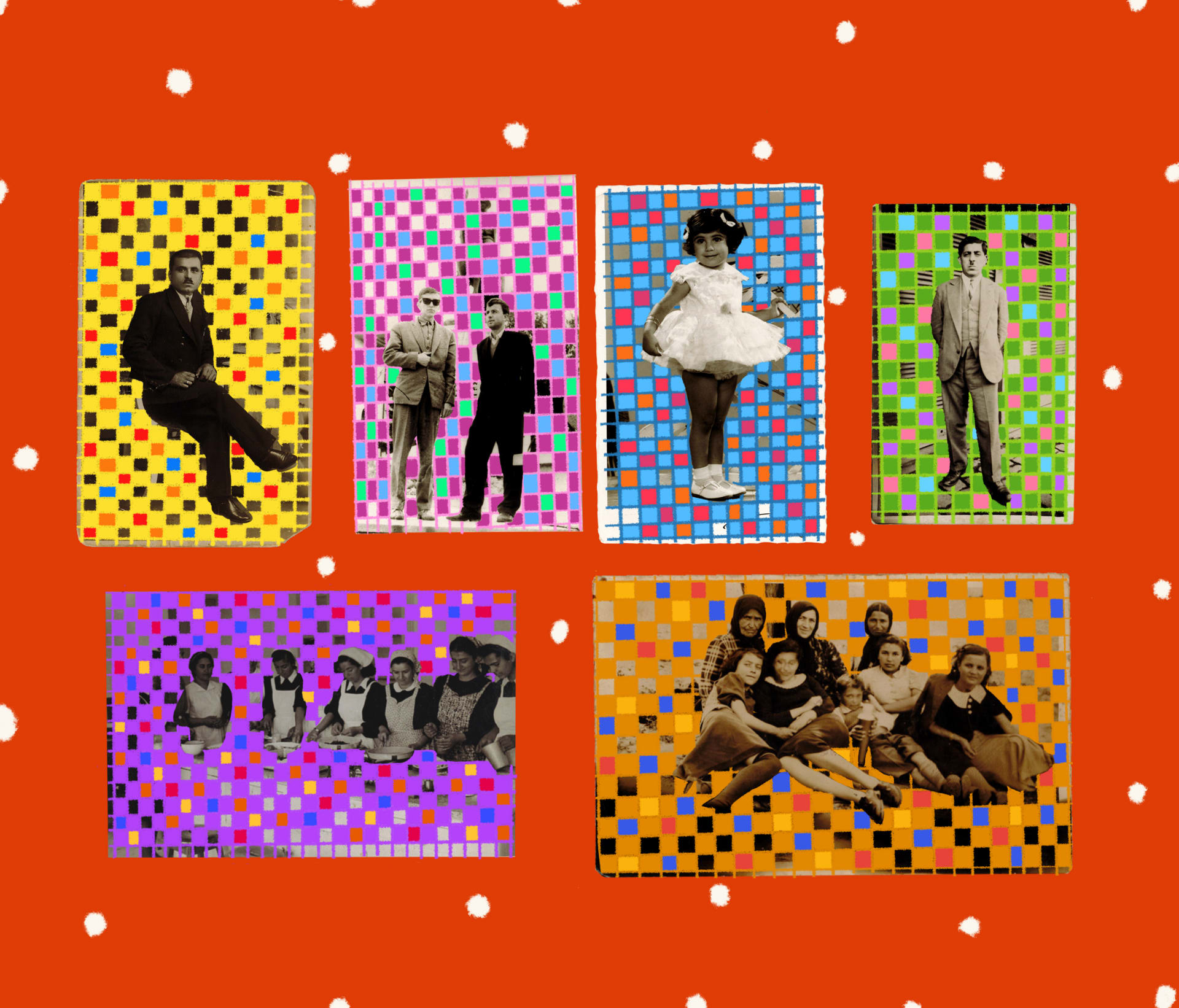 Six analog photographs various in size of unfamiliar faces scanned and digitally drawn by adding colored lines, checkered.