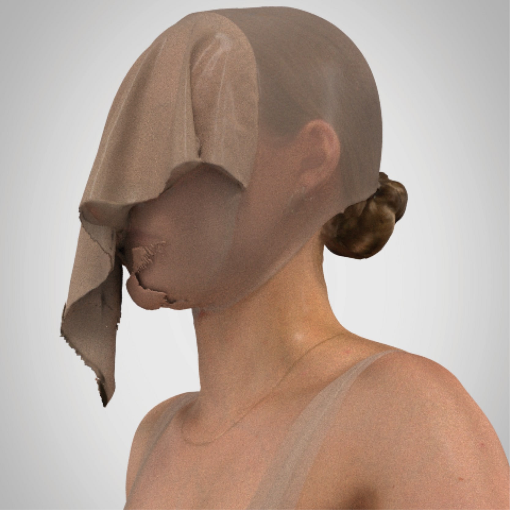 body scanned portrait of Hannah wearing a mesh mask to hide her face