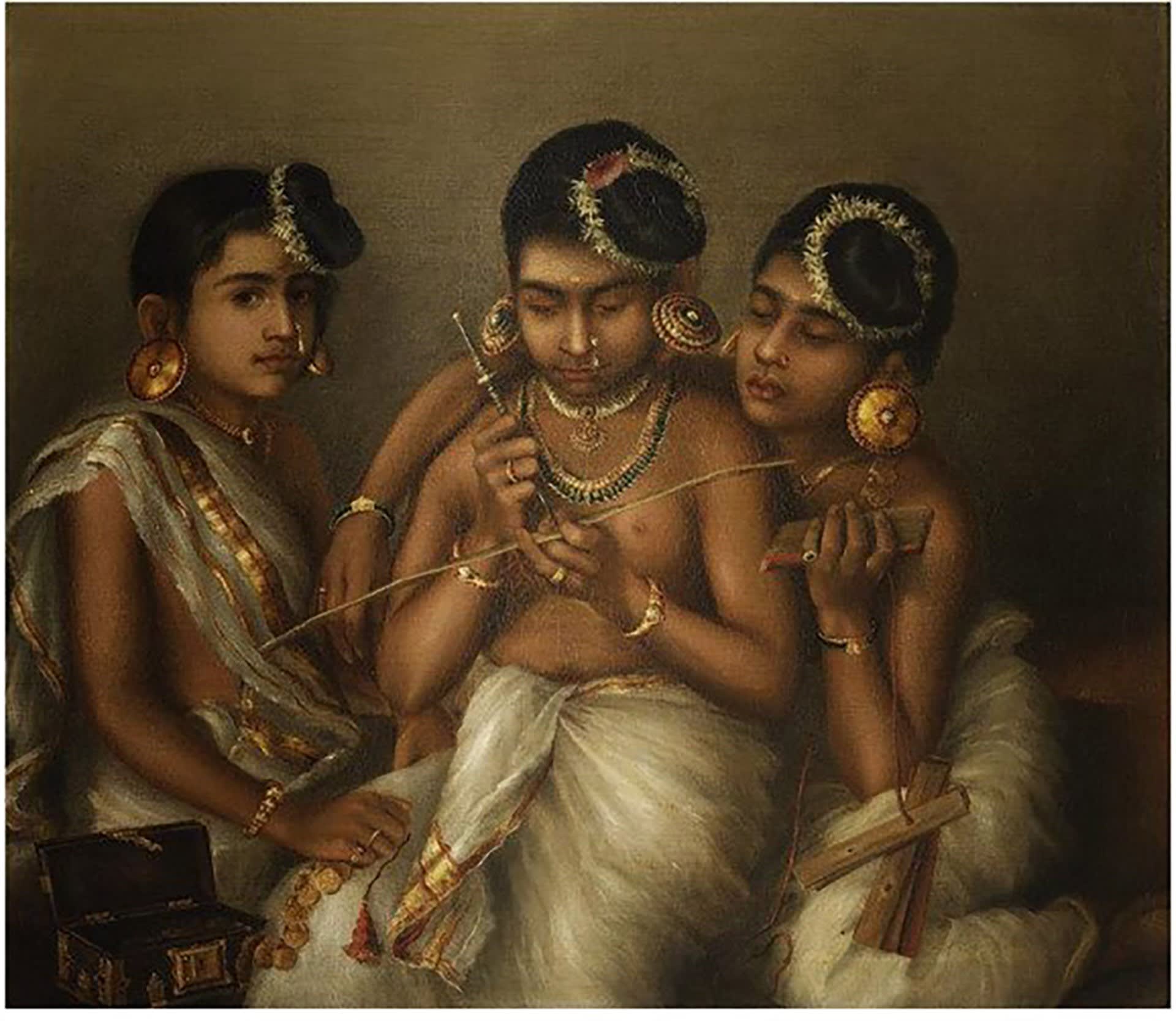 Three Nair Girls of Travancore, by Ramaswami Naidu, 1872, Victoria & Albert Museum