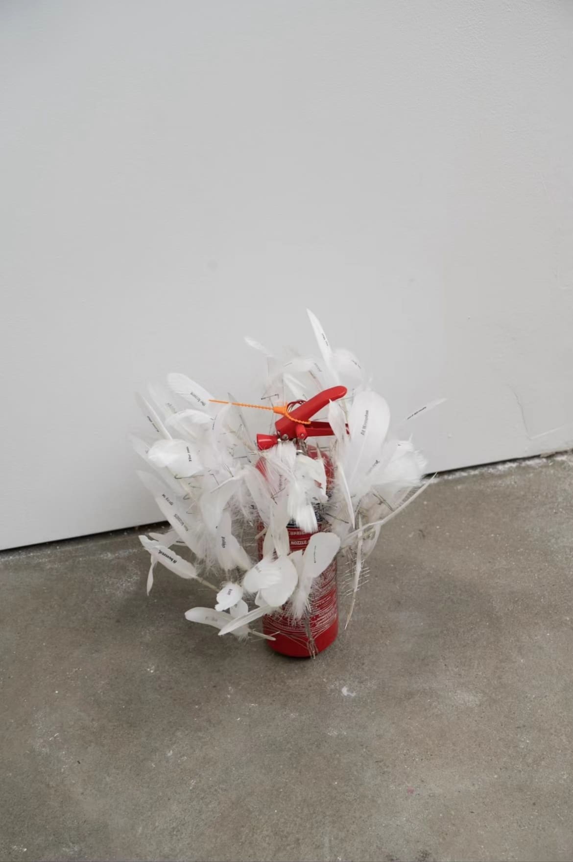 'The sun is sinking’, Fire extinguisher, stainless steel wire/tube,  white feather