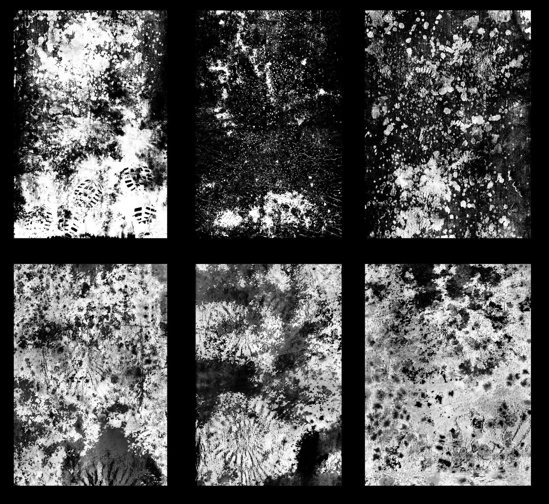 collection of six black and white abstract soil images on black background