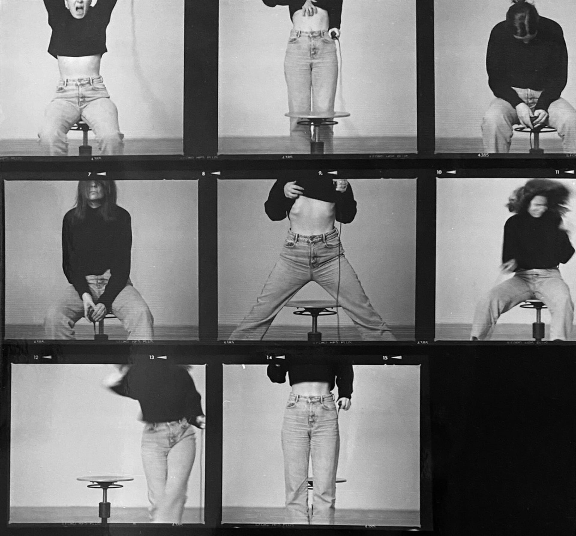 Woman in BW, contact sheet of self portraits with her face covered by blur or out of frame.
