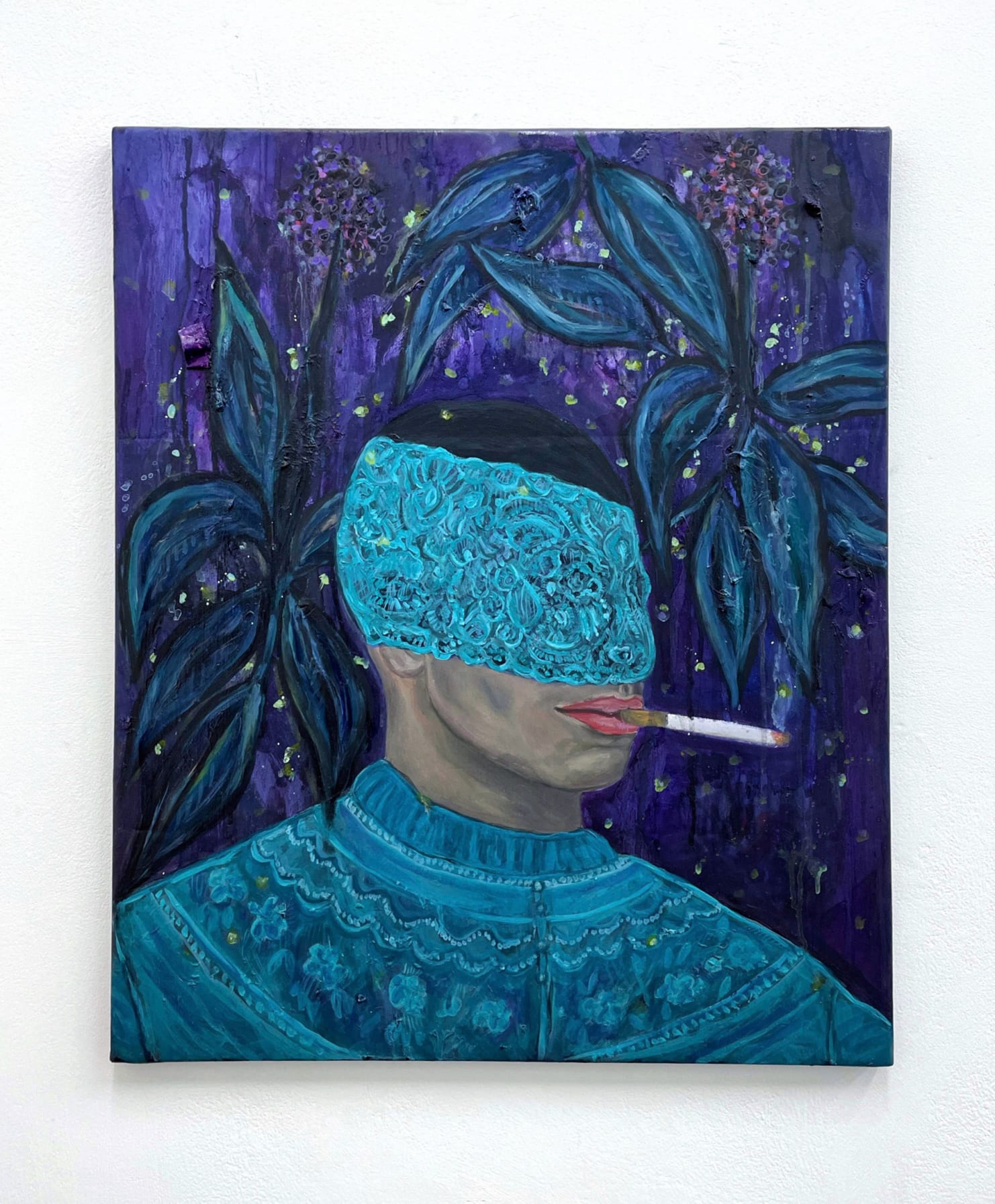 Masked figure with a cigarette in mouth on a vibrant lush background 