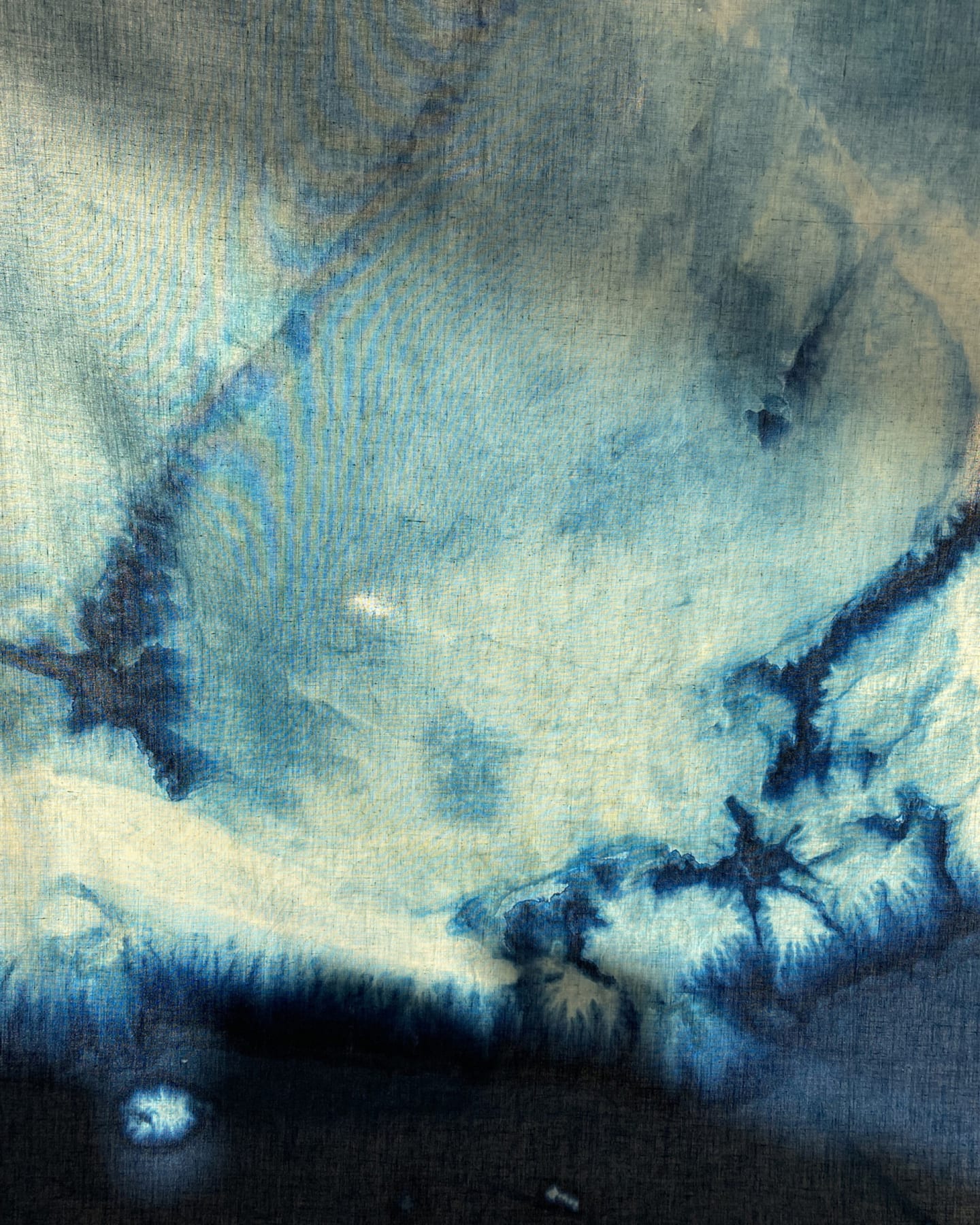 white and blue river like print on fabric