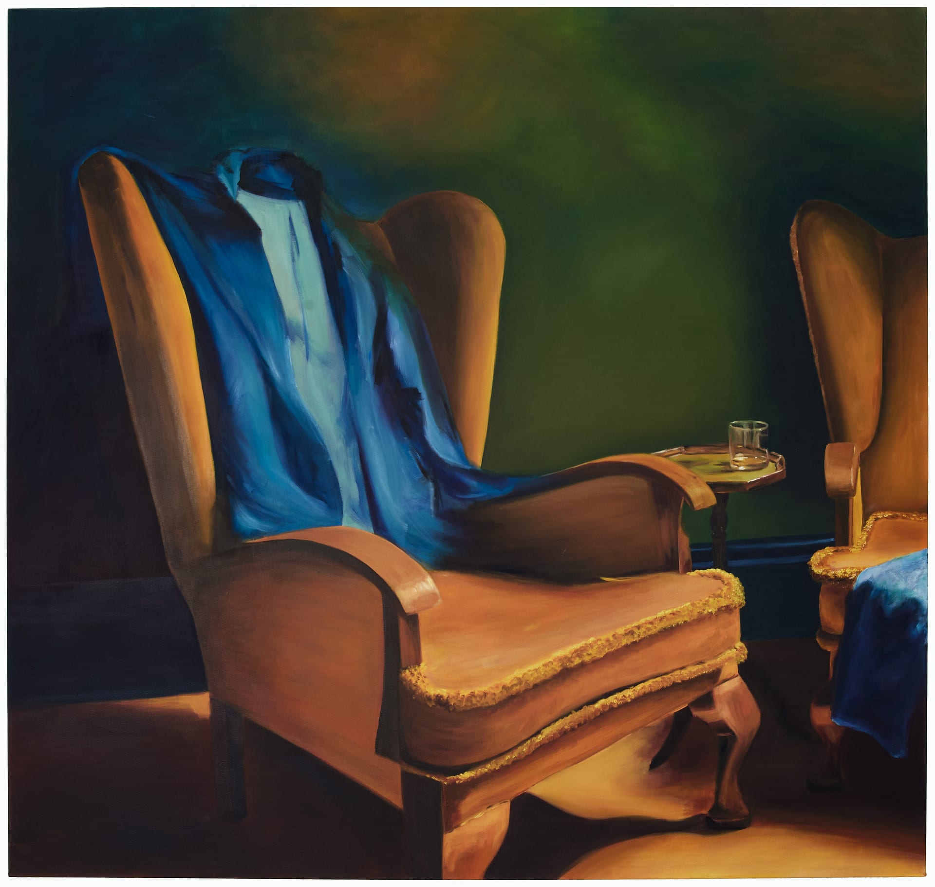 Oil painting on canvas shows an interior scene with an armchair where an empty blue jacket sits. 