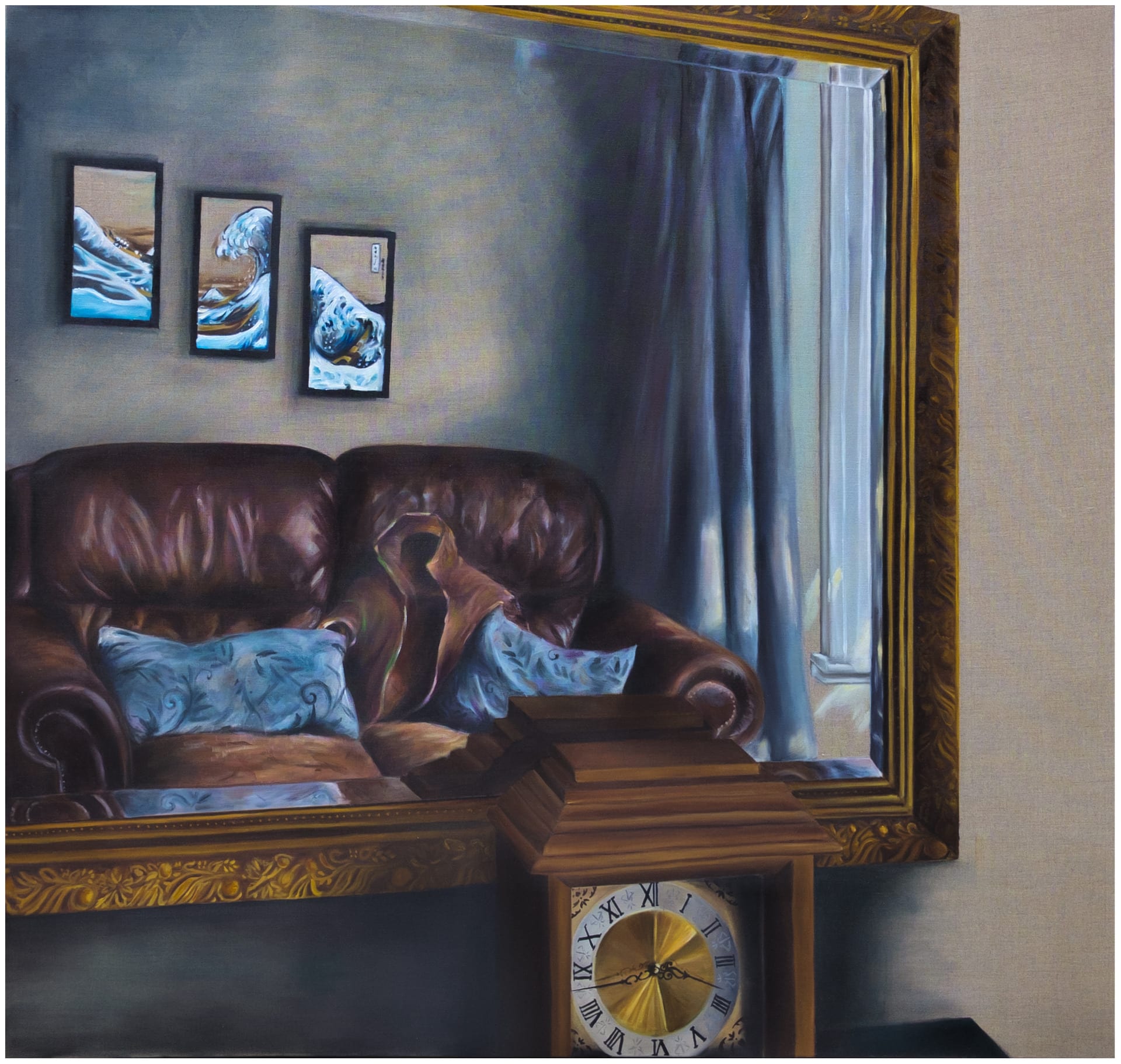 The oil painting on linen shows a mirror whose reflection is a glimpse of a room - a leather sofa with an empty body-like jacket