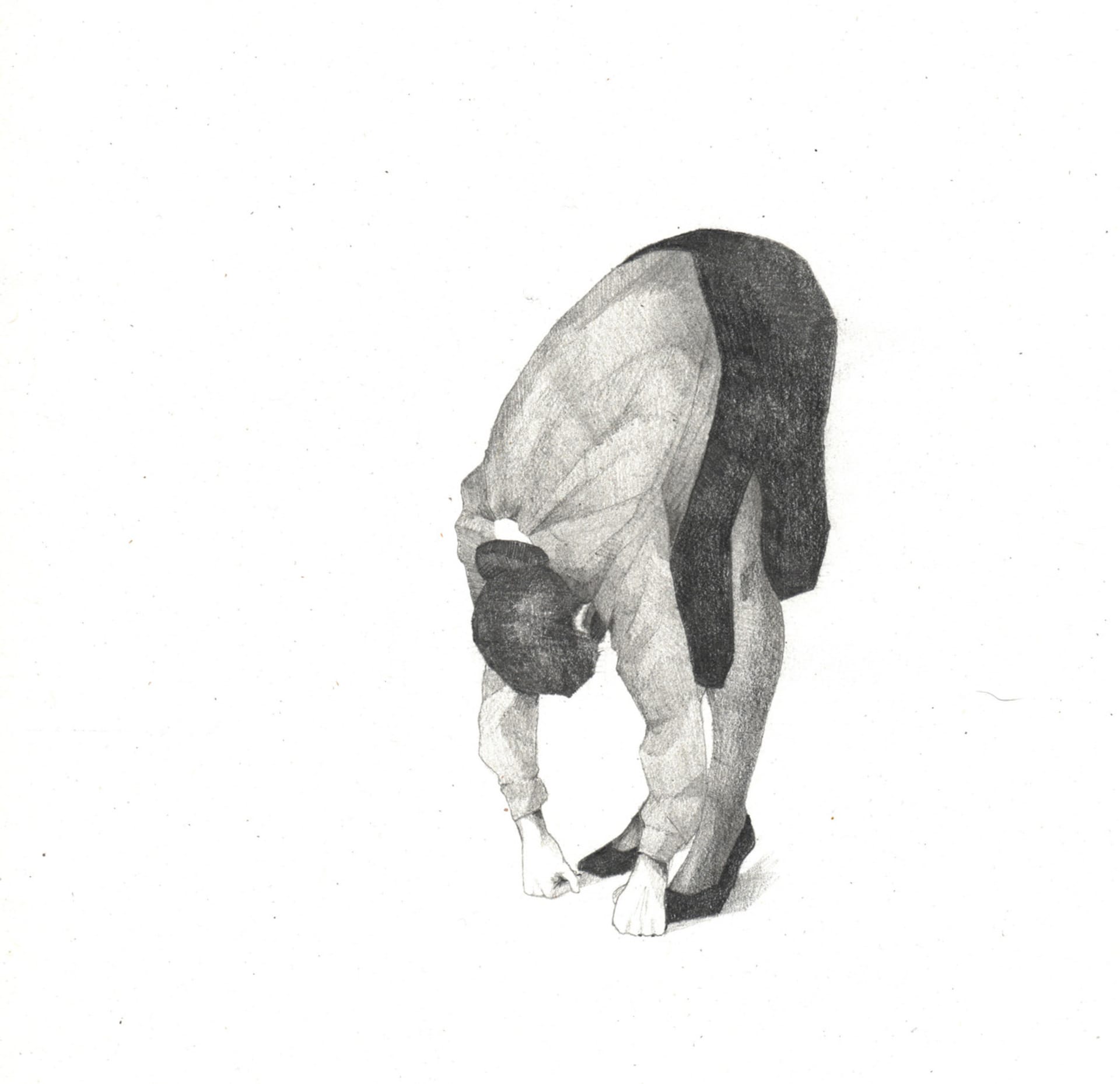 Pencil drawing of a woman in office clothing stretching down to touch her toes, her face is not visible.