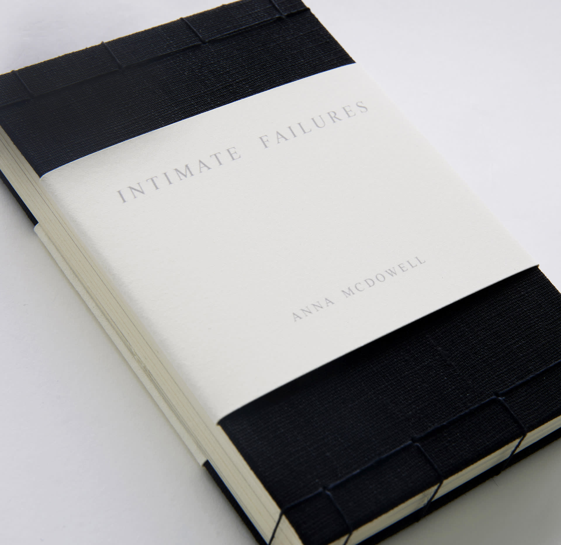 Artist book with black linen covers, side sewn edges and title on white paper wrapped around the cover 