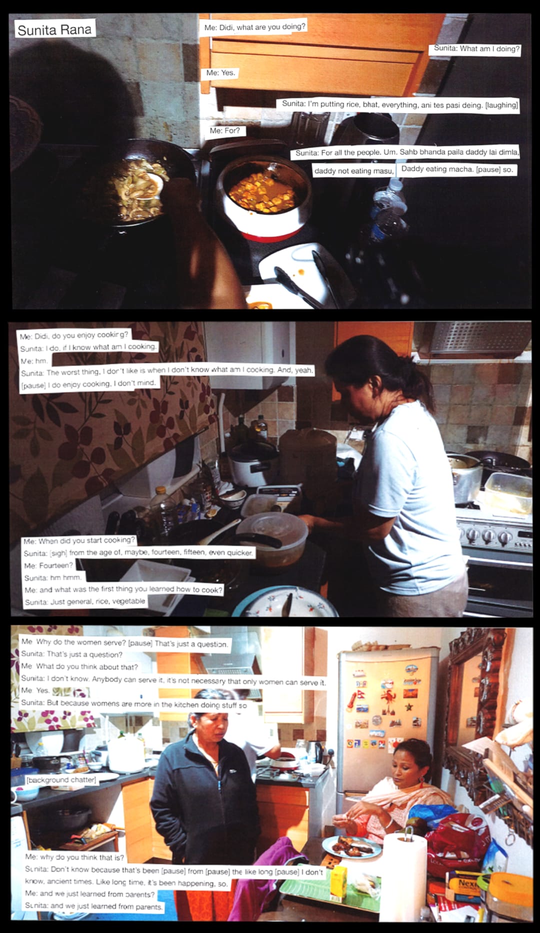 Three images of Ashmina's cousins kitchen with cut out of interview transcript pasted on top of the images