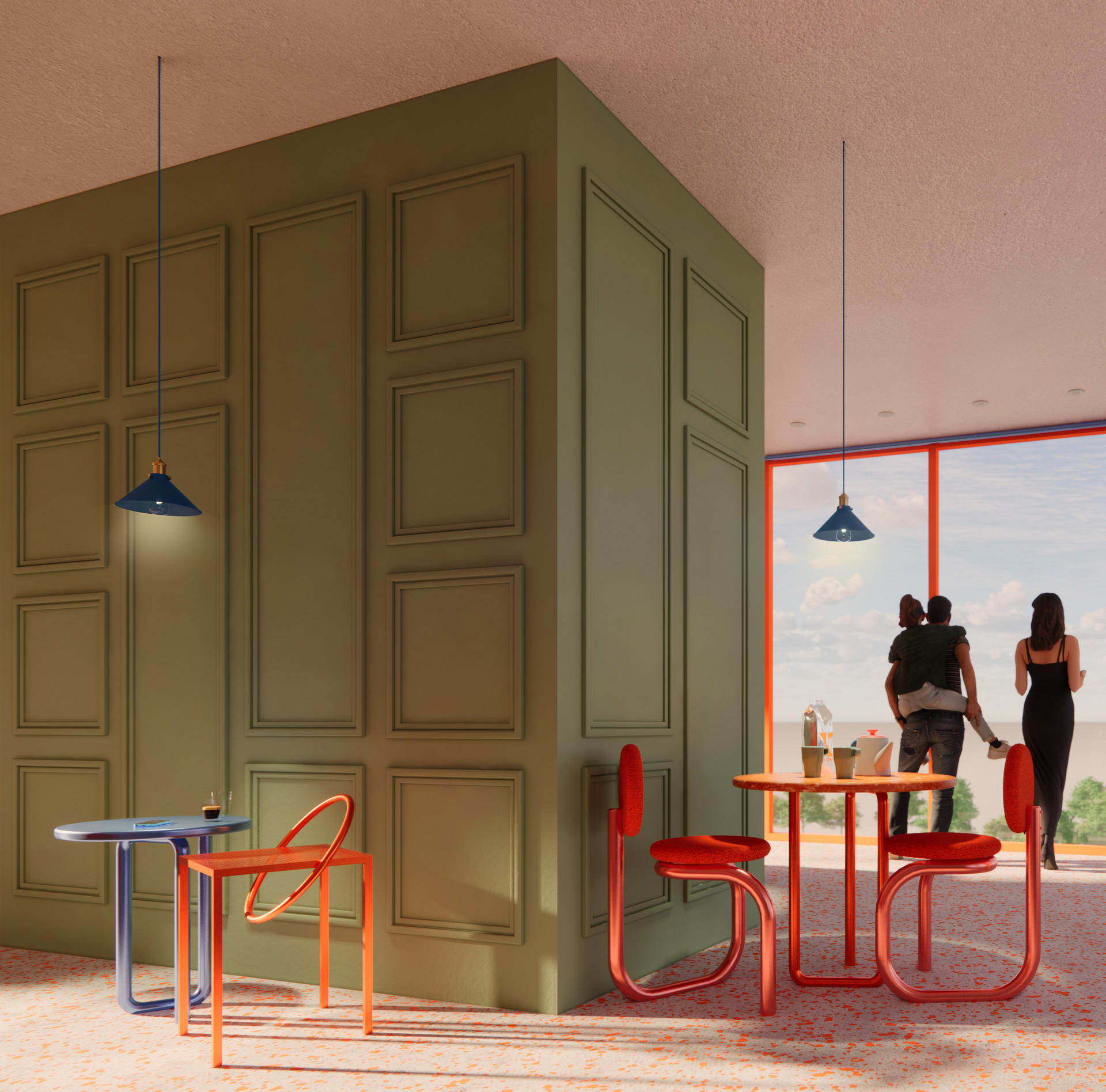 rendering showing the different seating areas of the cafe