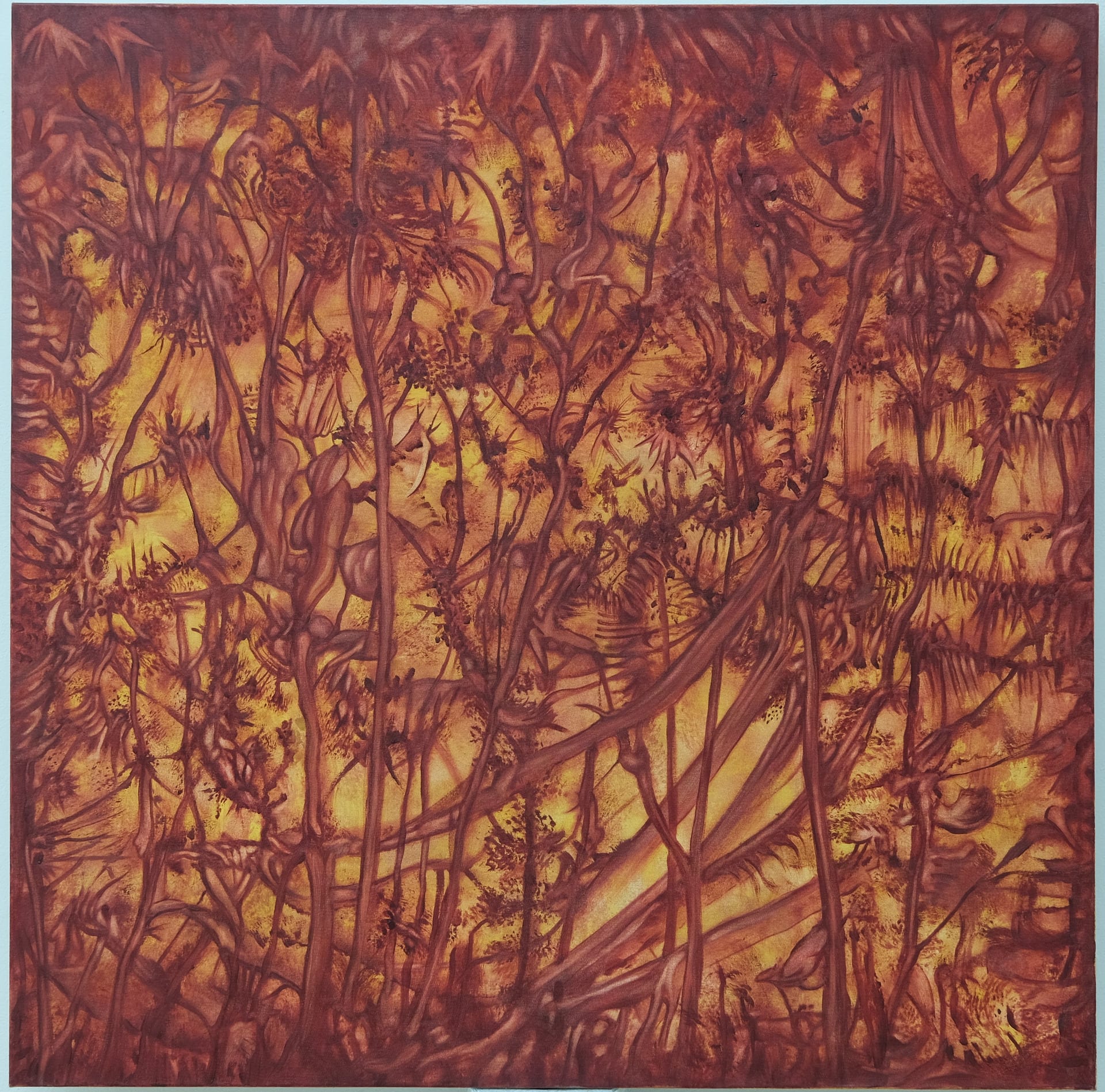 a painting showing organic motifs of plants and flowers, painted in a orange hue.