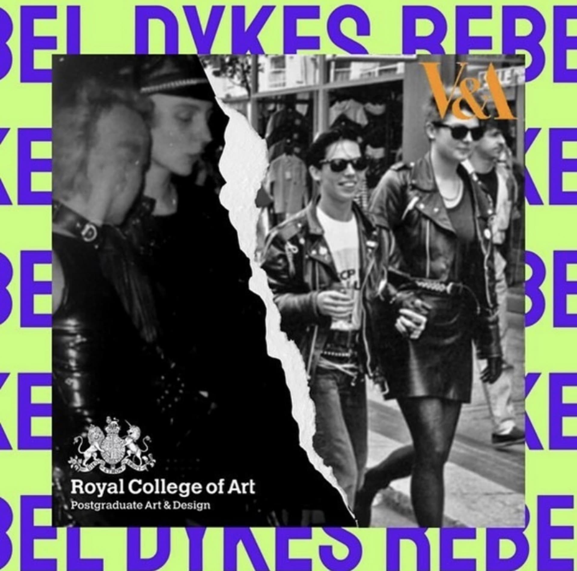 artistic image containing lesbians wearing leather garments such as jackets and skirts and contains the words 'Rebel Dykes' 