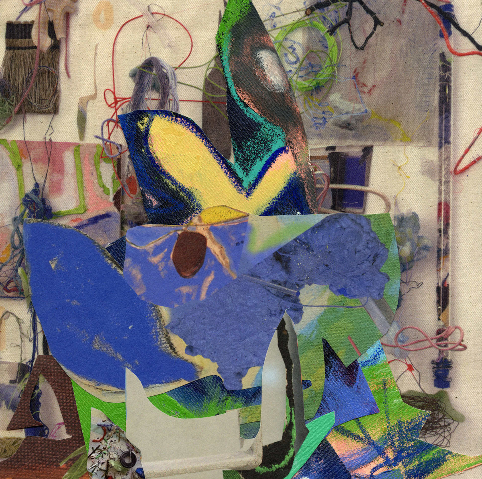 Close up image of a scan of a large scale collage, containing elements of a oil painting and sculpture.