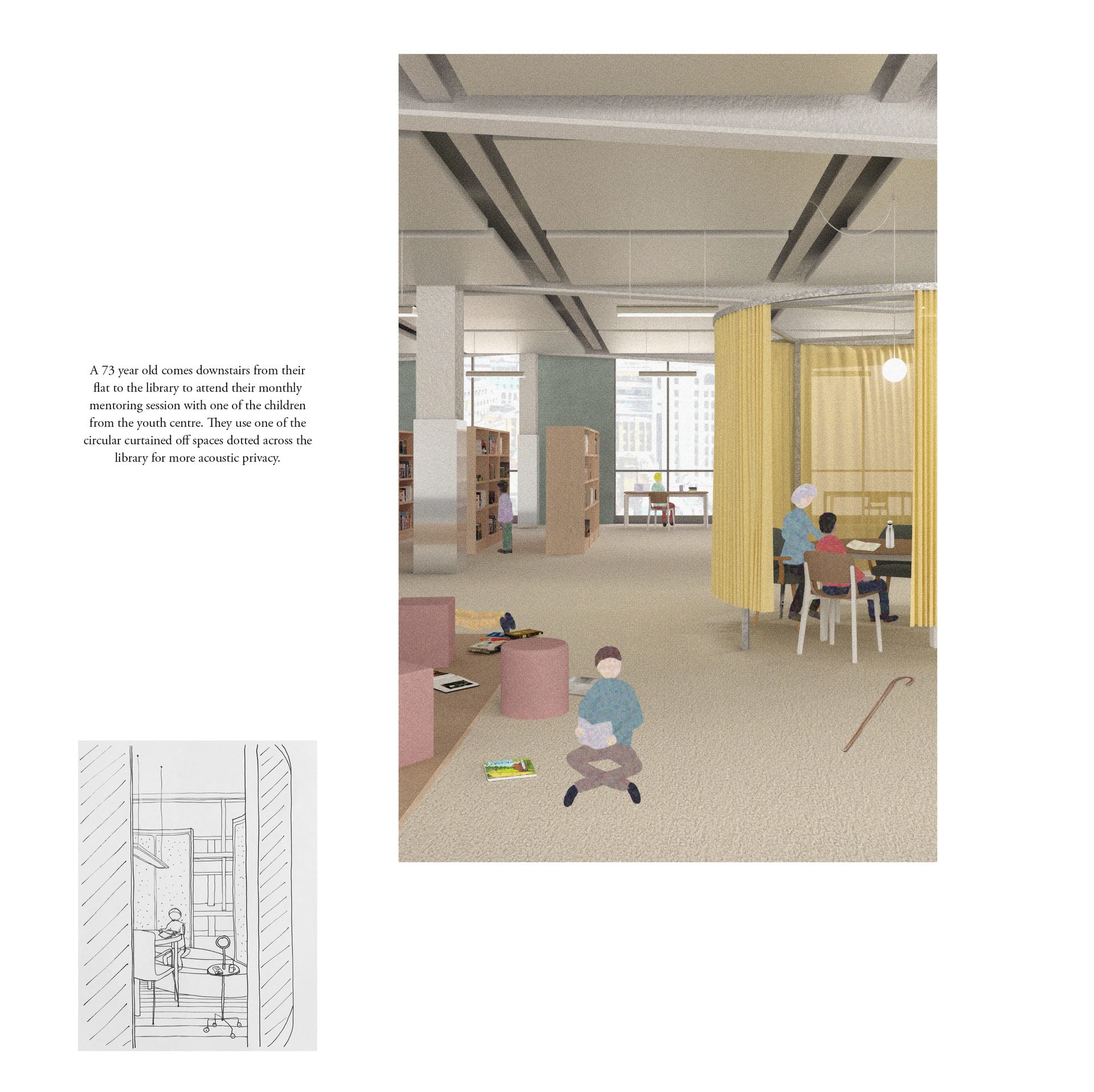 Small, circular curtained off spaces are dotted across the library for privacy