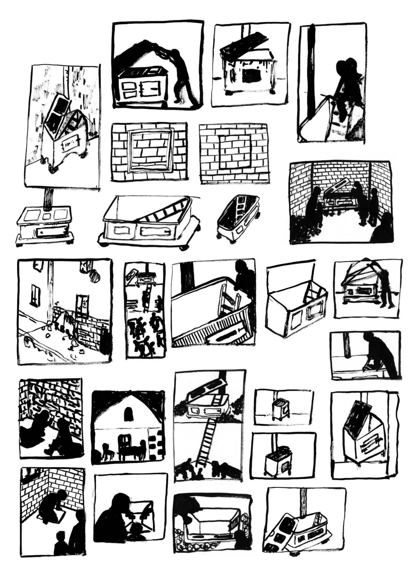 ink illustrations composition testing from Holocaust survivor's testimonies