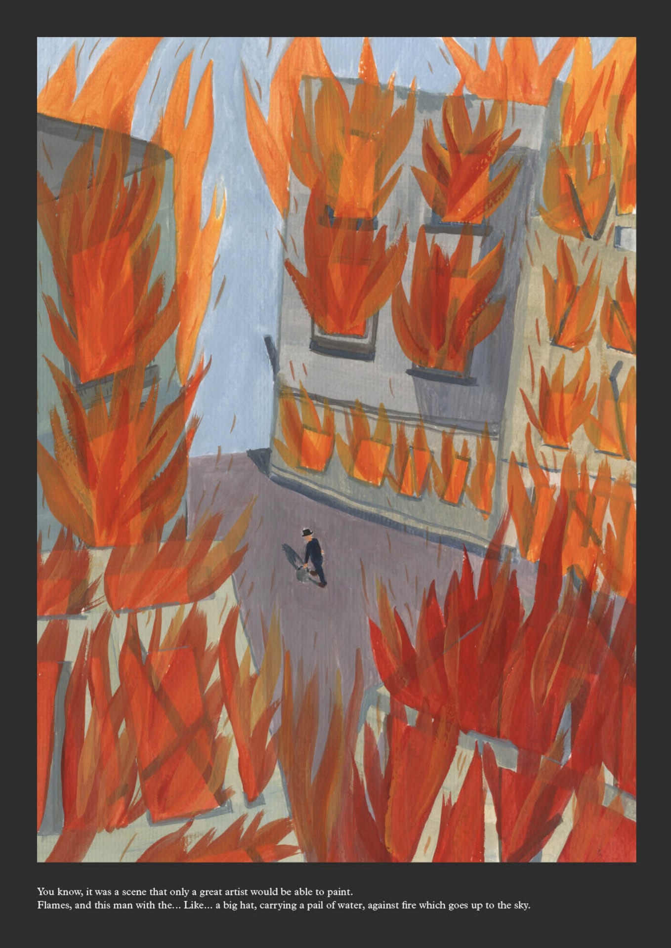 gouache illustration of a man walked in flamed city