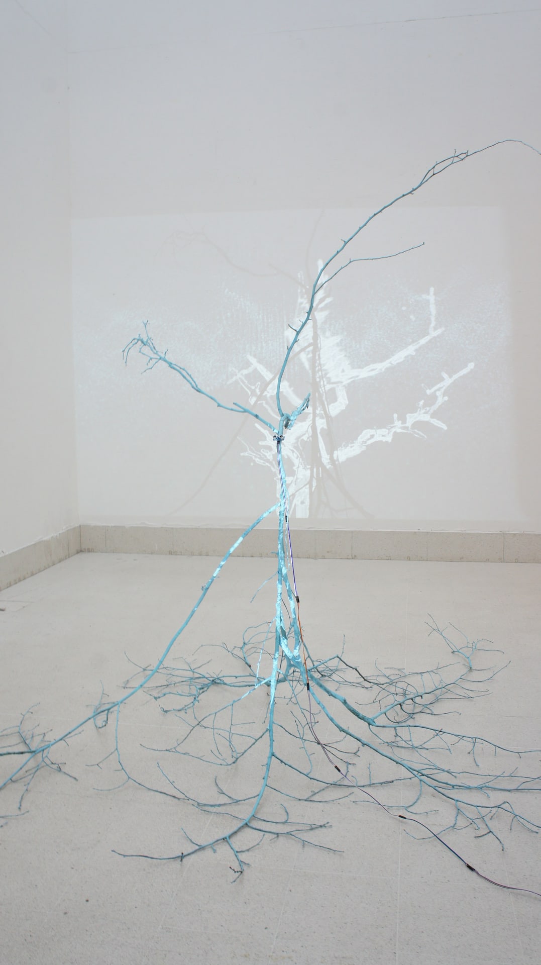 Blue tree sculpture and projection. 