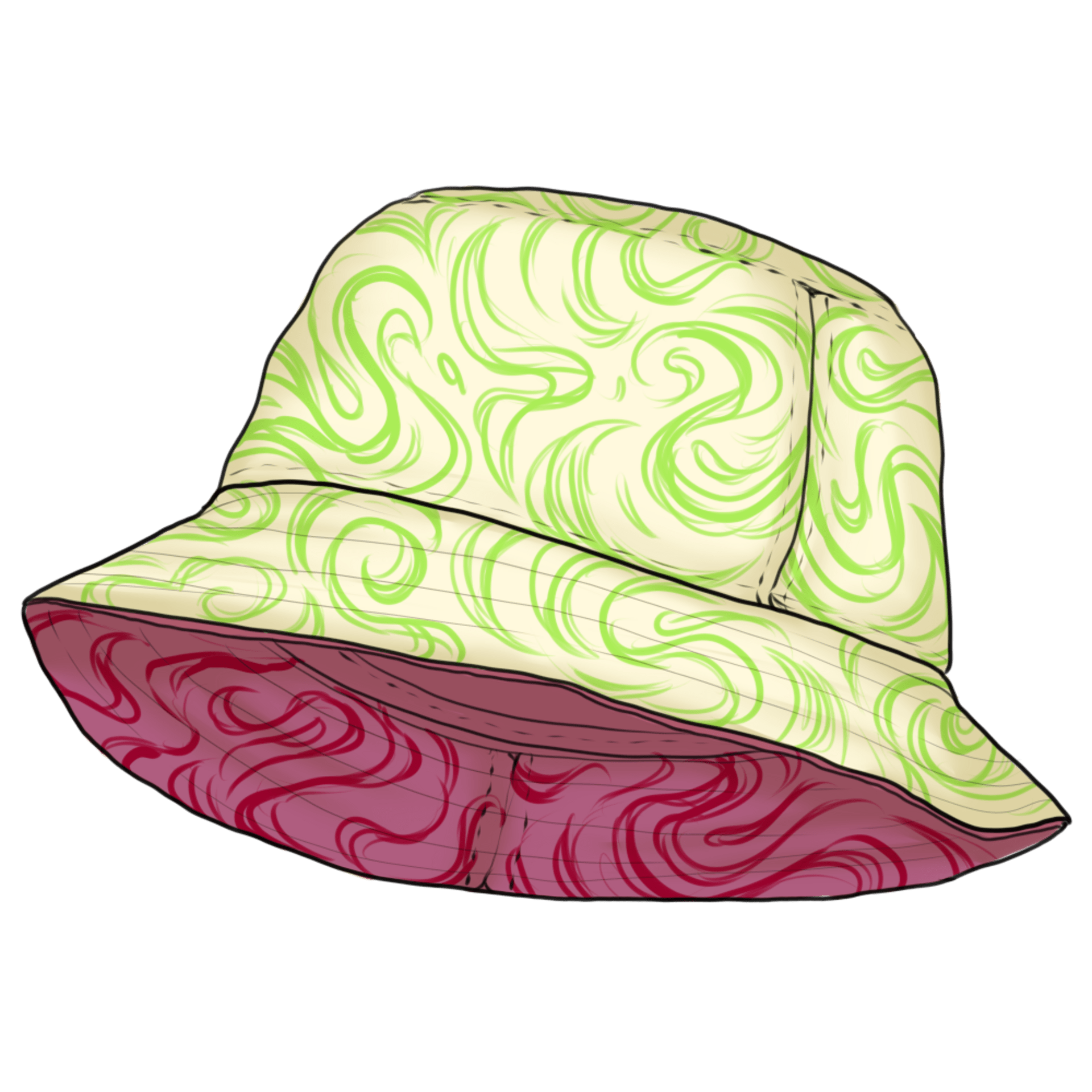 visual research of a bucket hat, colourful and with natural visuals (green and purple)